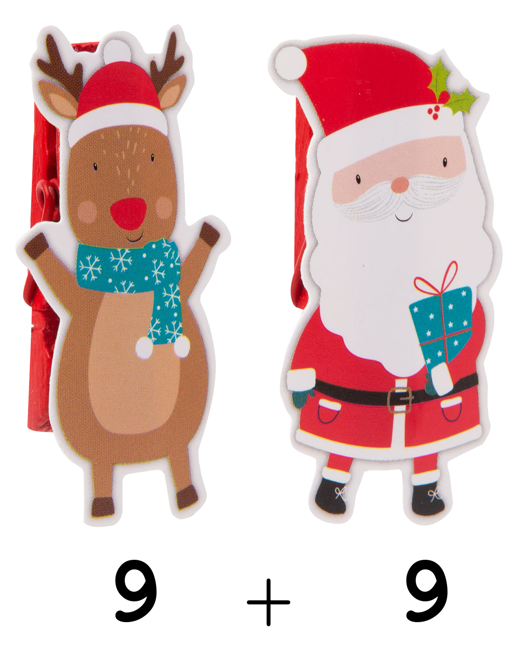 FAMILY CHRISTMAS Karácsonyi csipesz szalaggal, mikulás, 22 x 35 mm, 18 db, 2 méter / csomag (58526A)