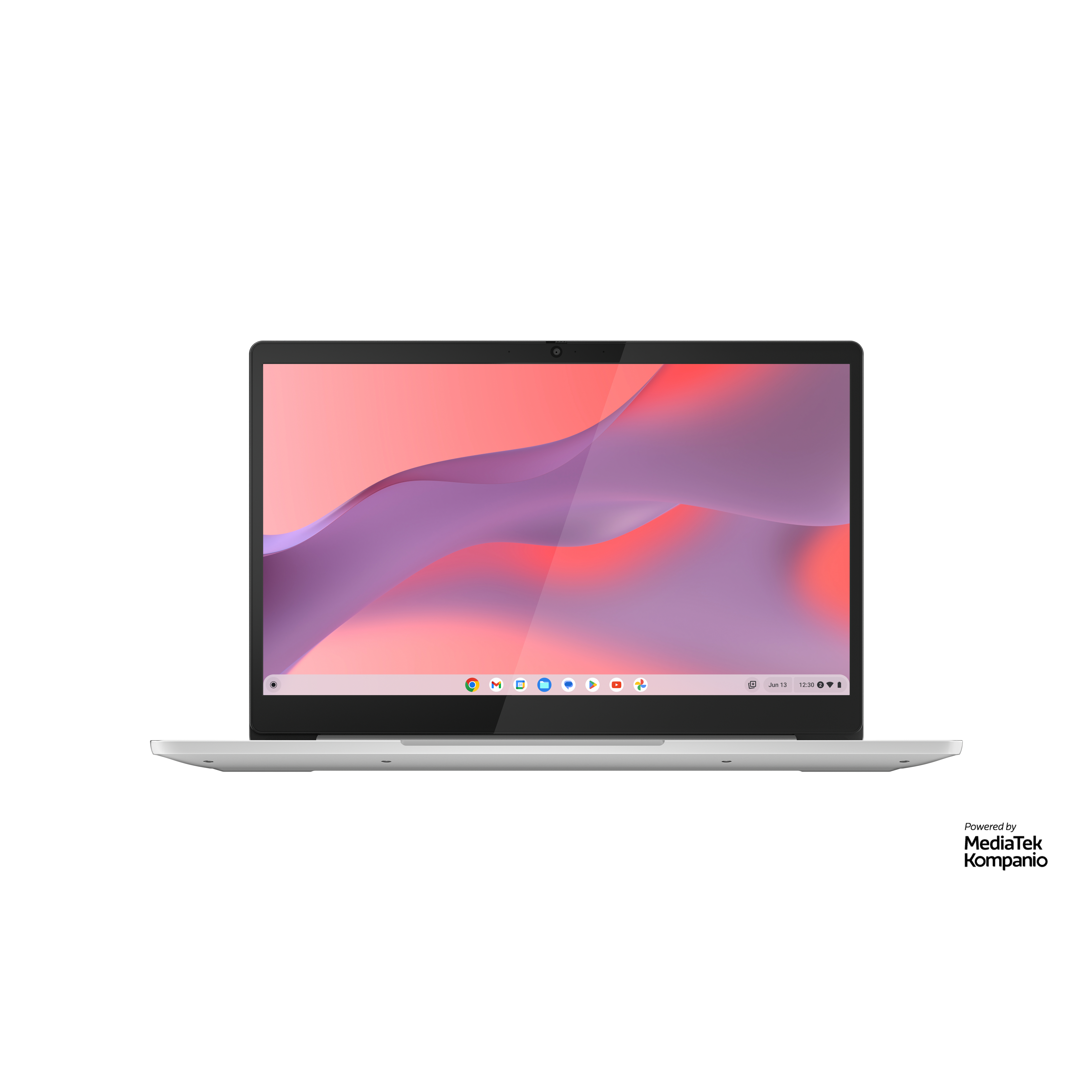 Ein silberner Laptop mit einem rosa-violetten abstrakten Hintergrund.