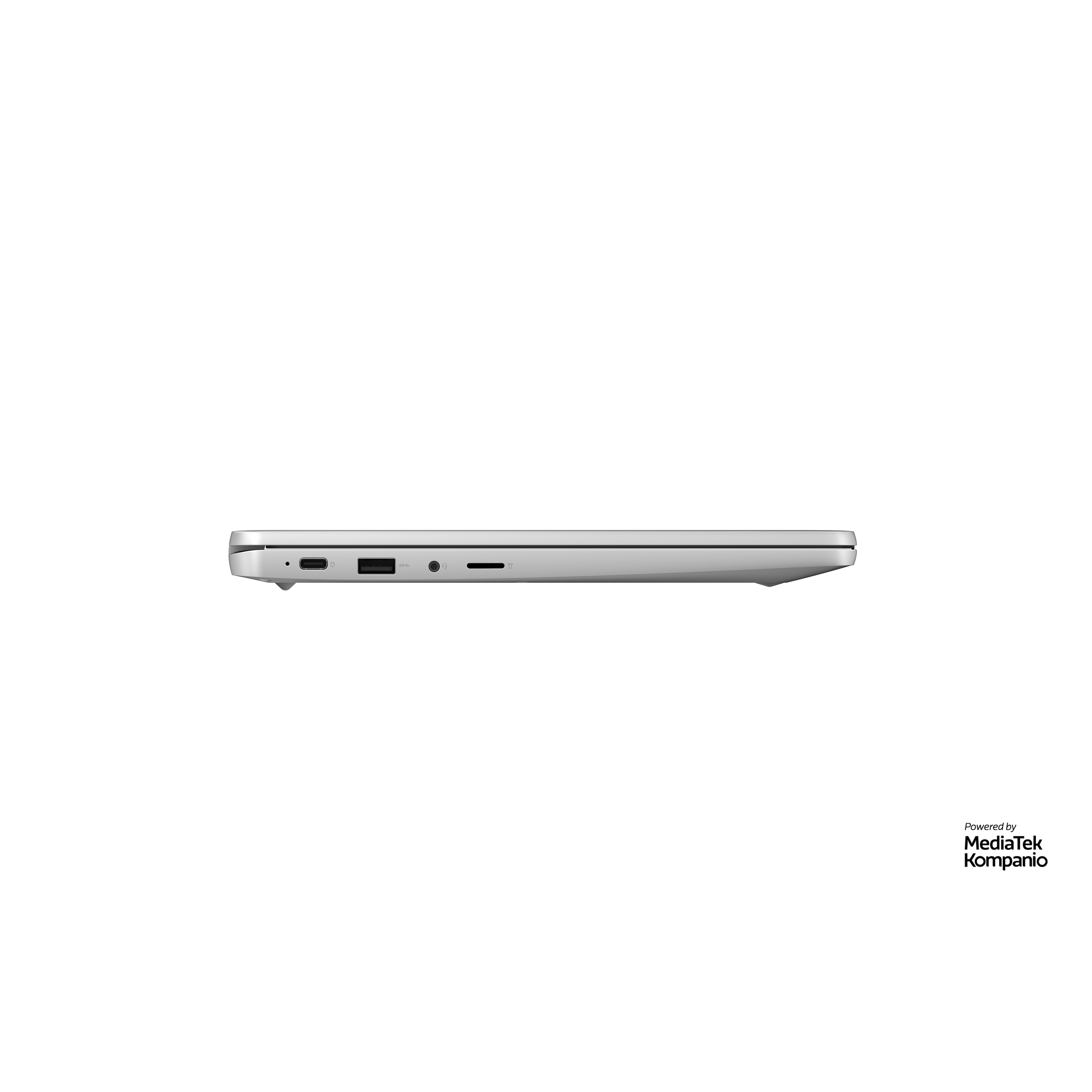 Seitenansicht eines silbernen Laptops mit sichtbaren Anschlüssen, weißer Hintergrund.