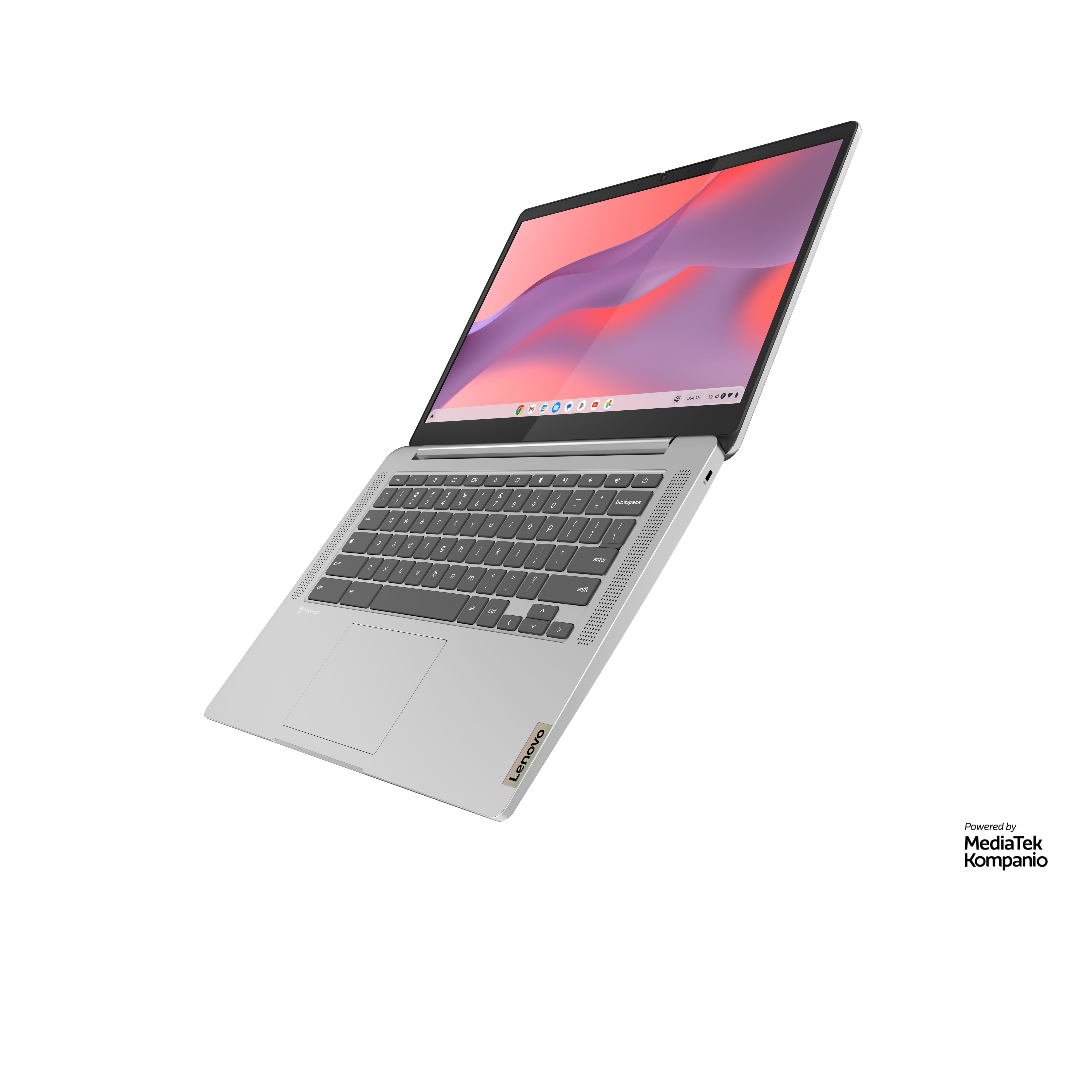 Silberner Laptop mit geöffnetem Bildschirm und Tastatur, schräge Ansicht. Lenovo-Logo sichtbar.