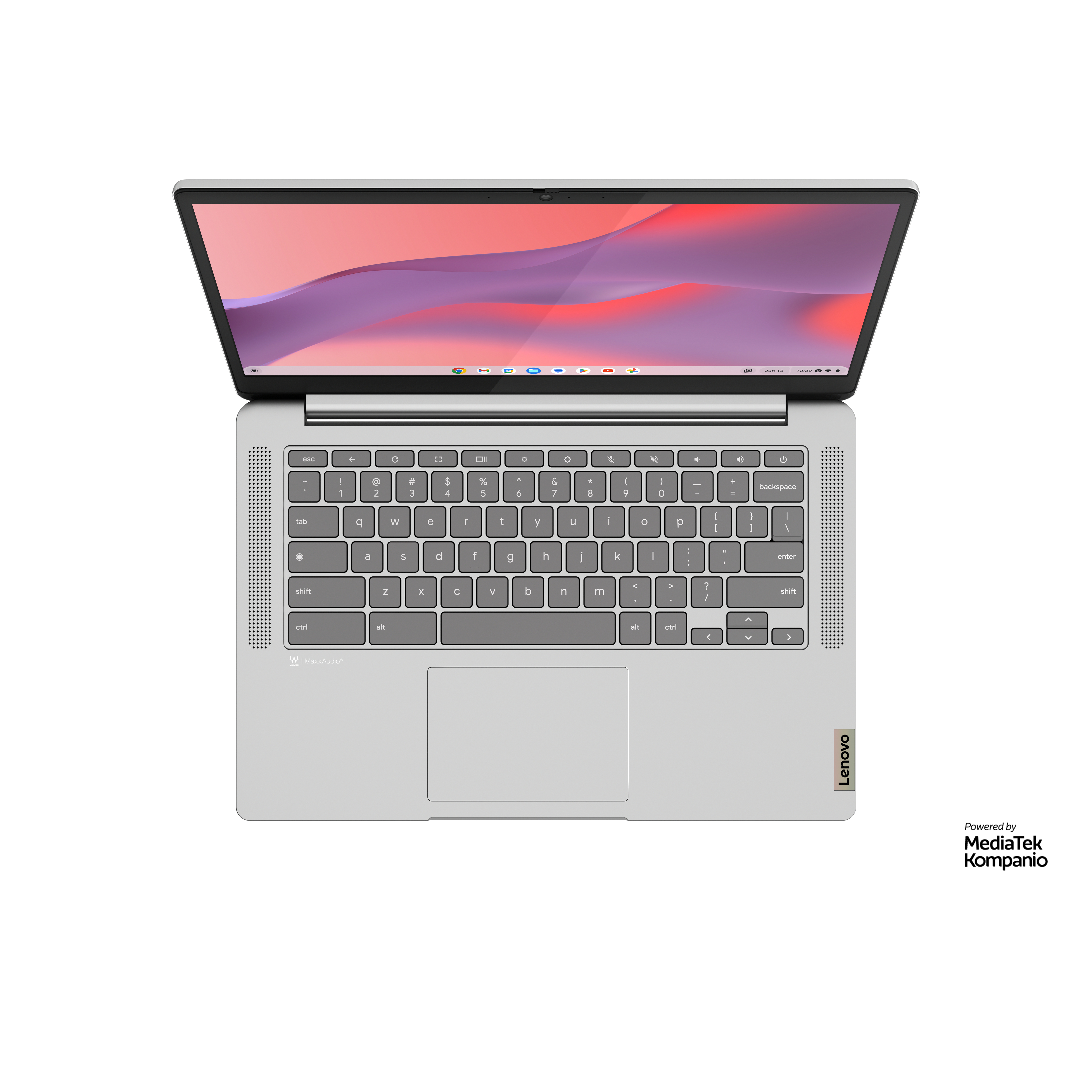 Geöffneter silberner Laptop mit pinkfarbenem Bildschirm, Draufsicht. Lenovo-Logo unten rechts.