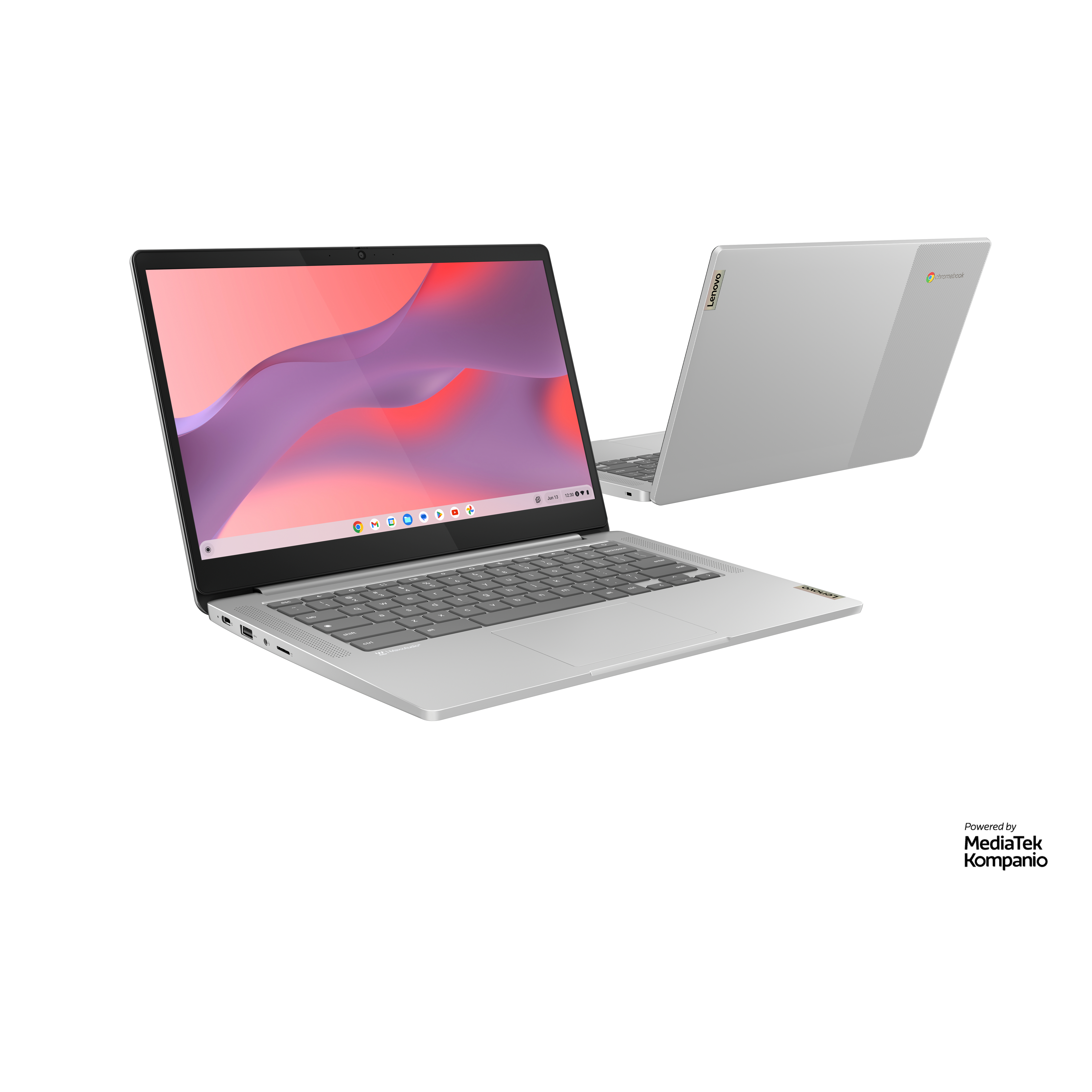 Silberner Laptop mit geöffnetem Bildschirm, ein weiterer im Hintergrund, weißer Hintergrund.