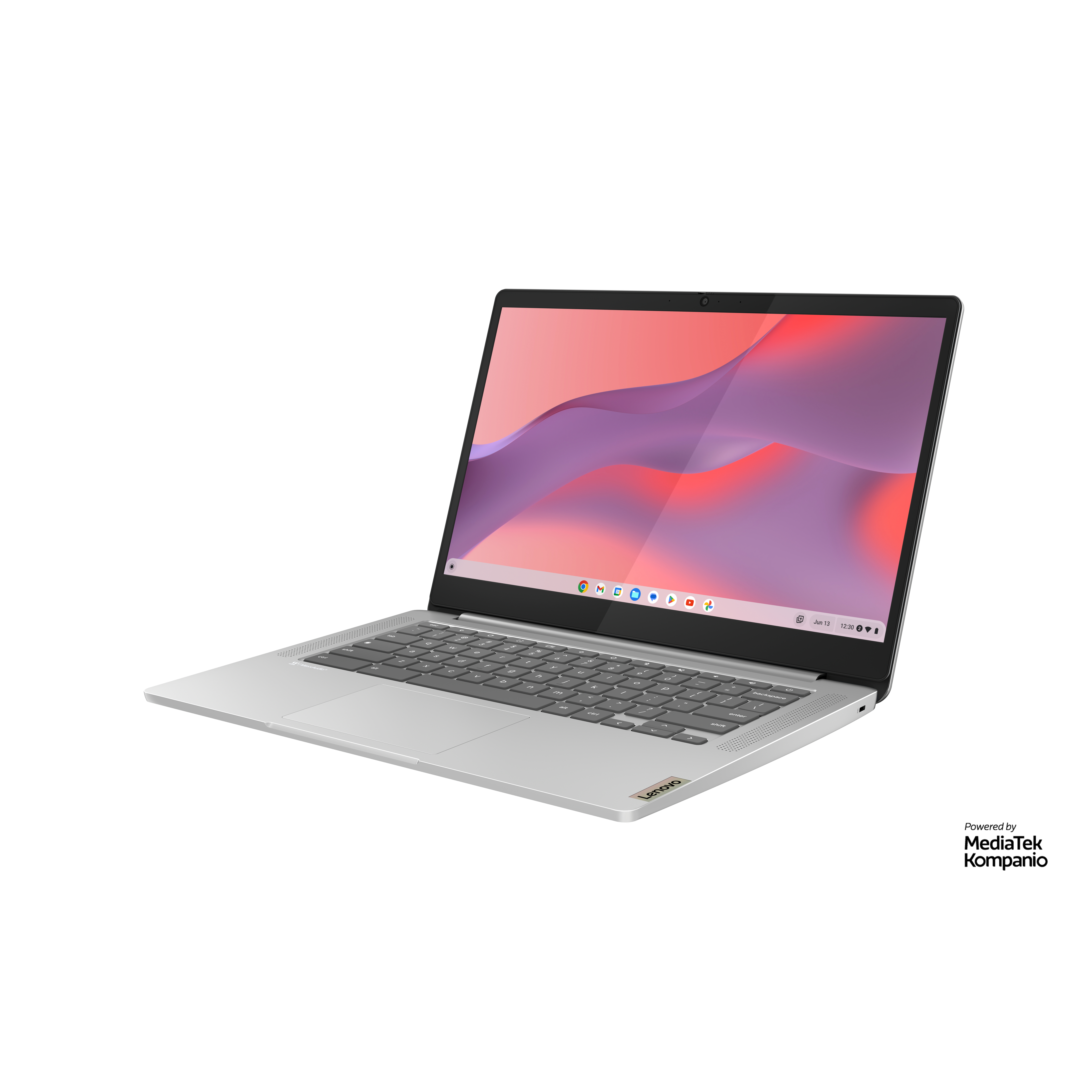 Ein silbernes Lenovo Chromebook ist geöffnet. Der Bildschirm zeigt einen rosa-lila Farbverlauf mit weißem Hintergrund.