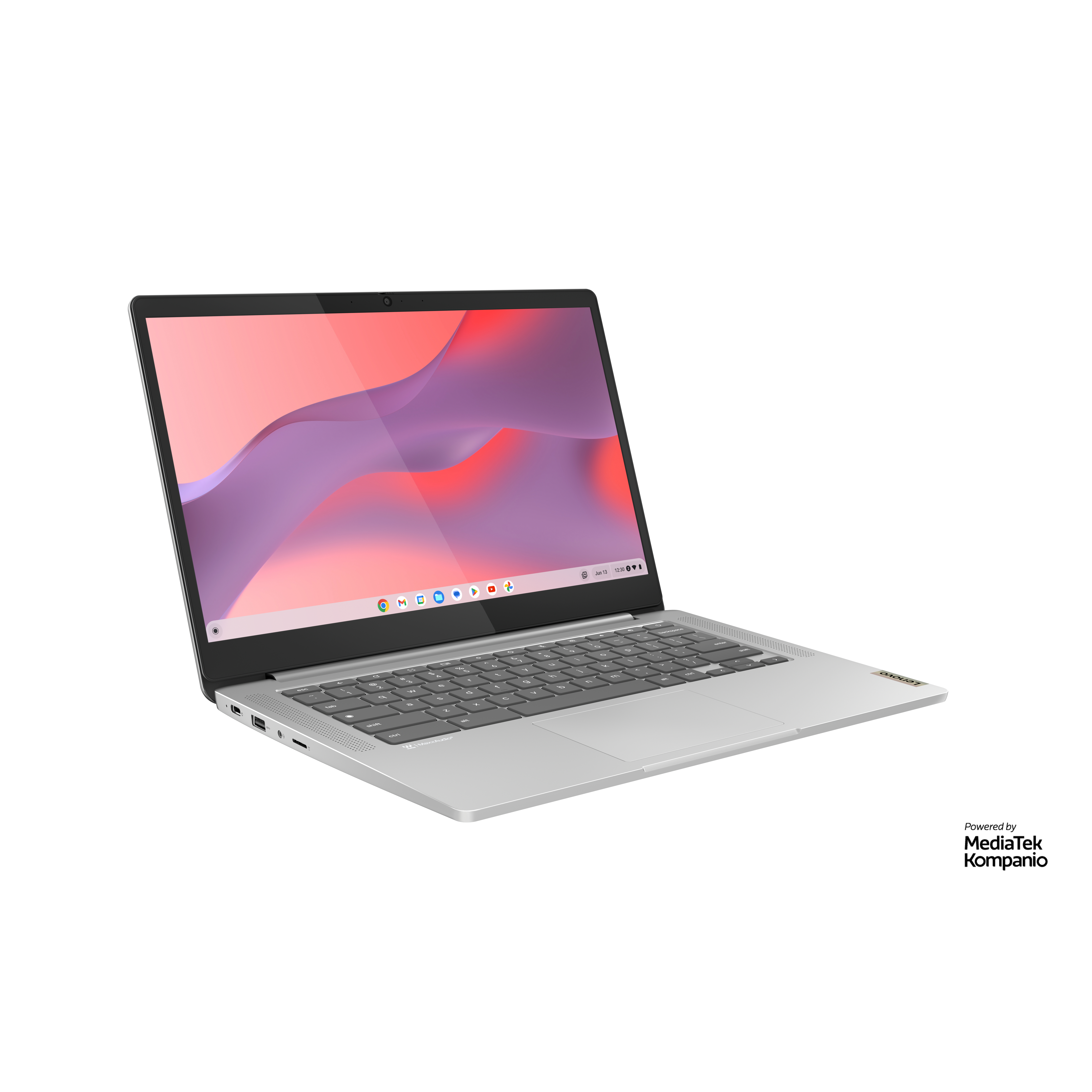 Silberner Laptop, geöffnet mit farbenfrohem Hintergrund auf dem Bildschirm, auf weißem Untergrund.