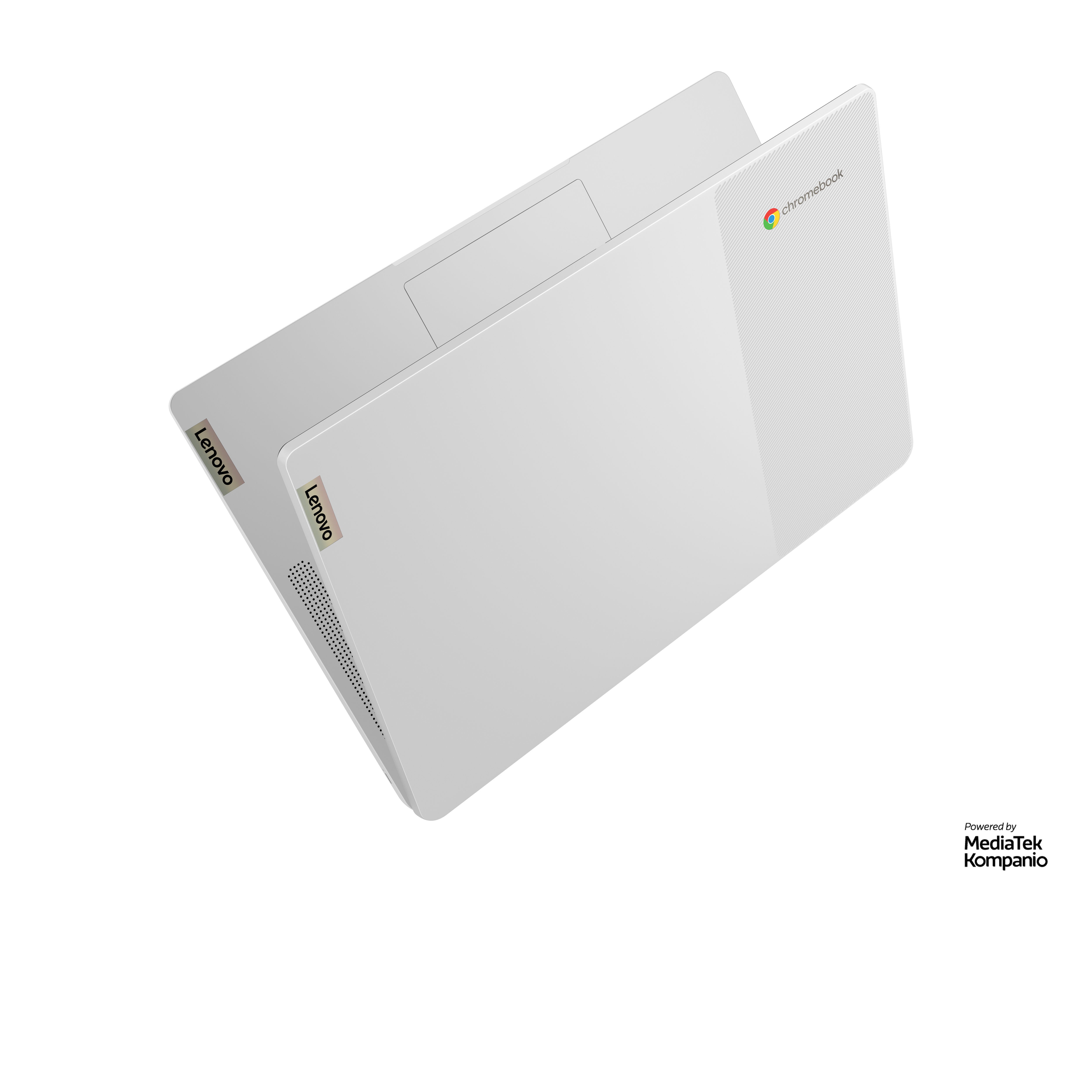 Weißer Lenovo Laptop, mit geöffnetem Deckel.