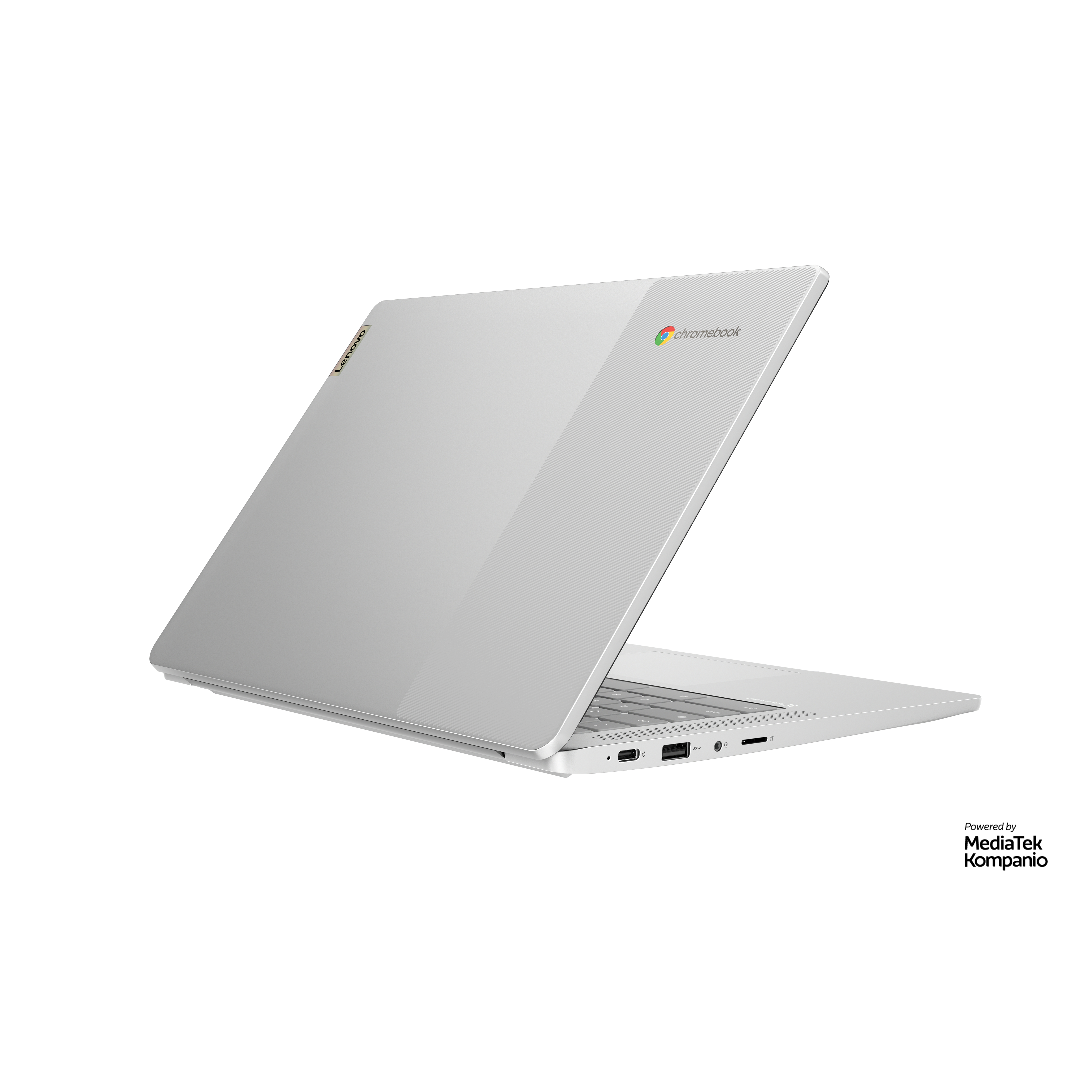 Silberner Laptop, Winkelansicht, Rückseite mit Logo. Weißer Hintergrund, Detail rechts.