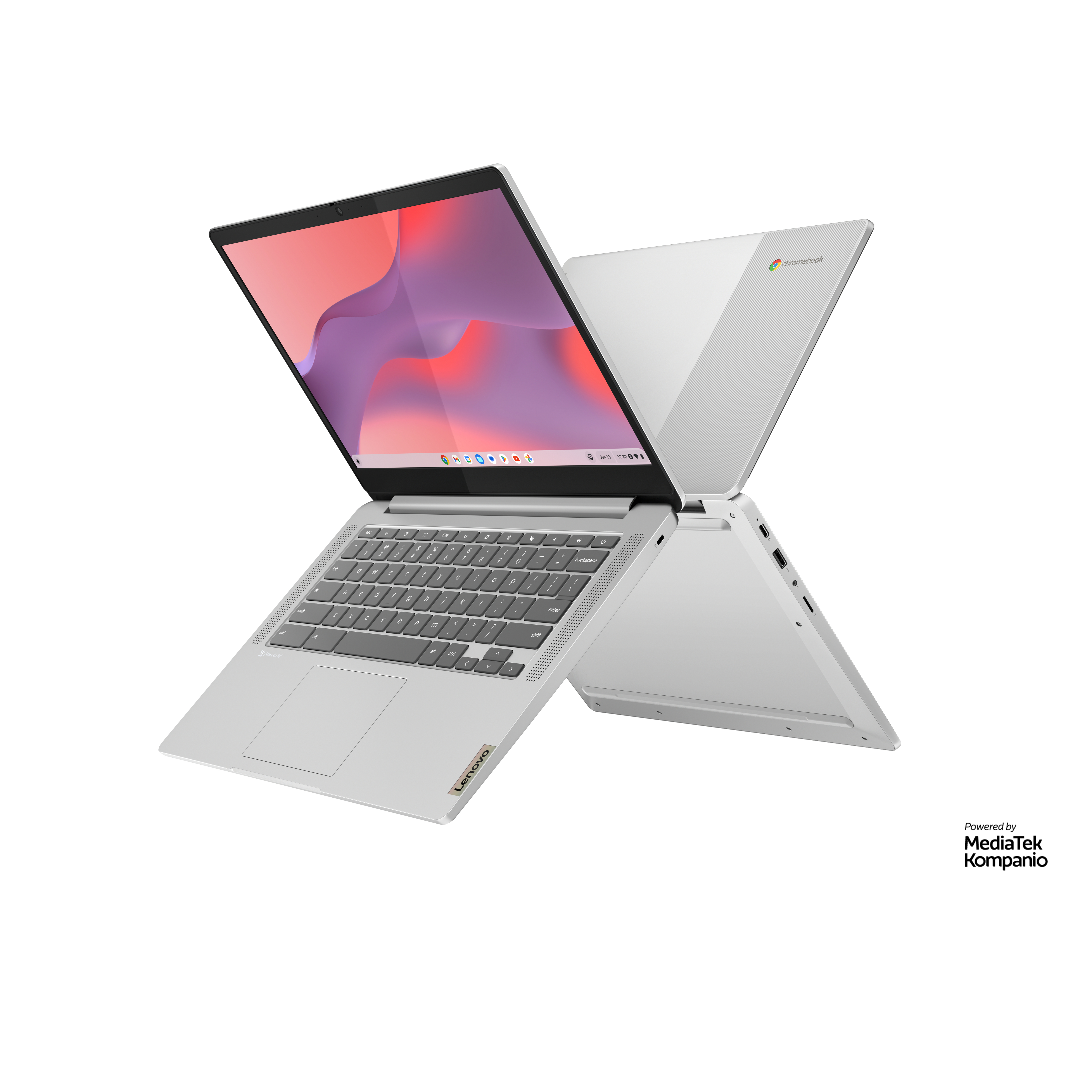 Grauer Laptop, geöffnet, mit Bildschirm, der einen farbenfrohen Desktop zeigt. Die Tastatur ist sichtbar.