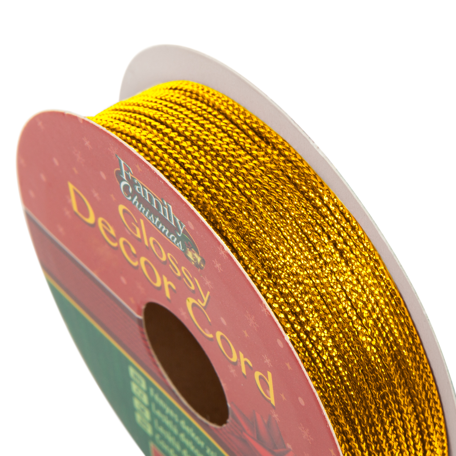 Arany fém szalagorsó, piros és zöld címkével, amelyen a "Family Christmas Glossy Decor Cord" felirat olvasható.
