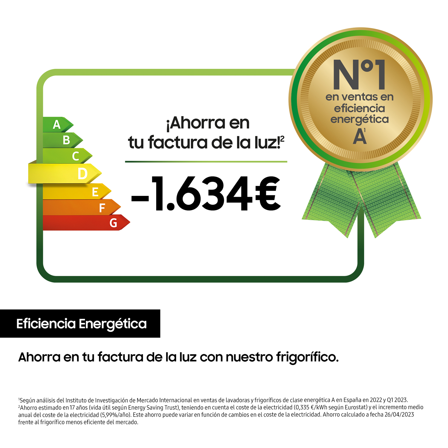Una etiqueta de eficiencia energética. Muestra una escala verde a roja y el texto 'A' con una medalla de oro.