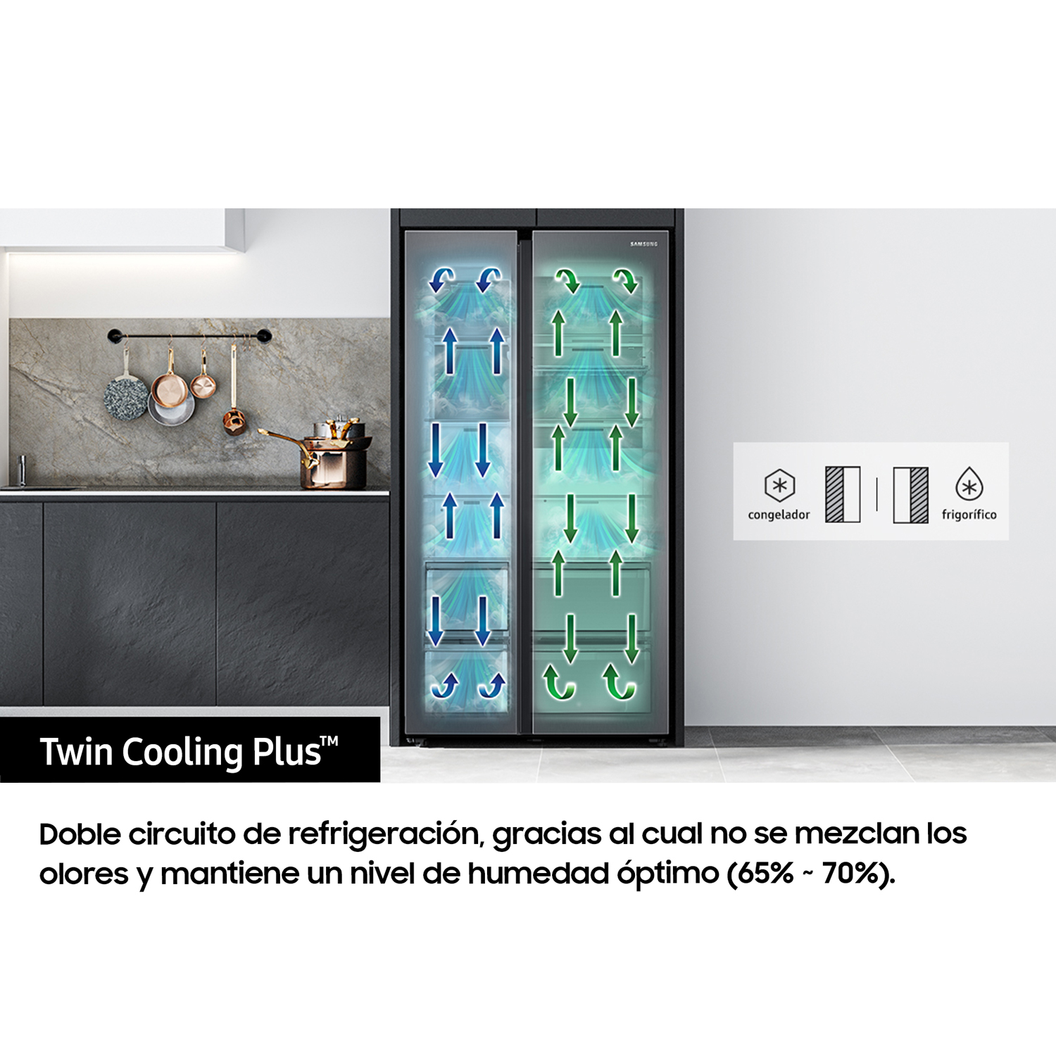 Cocina moderna con nevera, flechas mostrando sistema de enfriamiento, texto en español.