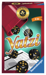 Yatzi-Spielbox mit herausquellenden Würfeln. Die Würfel sind schwarz mit goldenen Punkten, die Box ist rot.