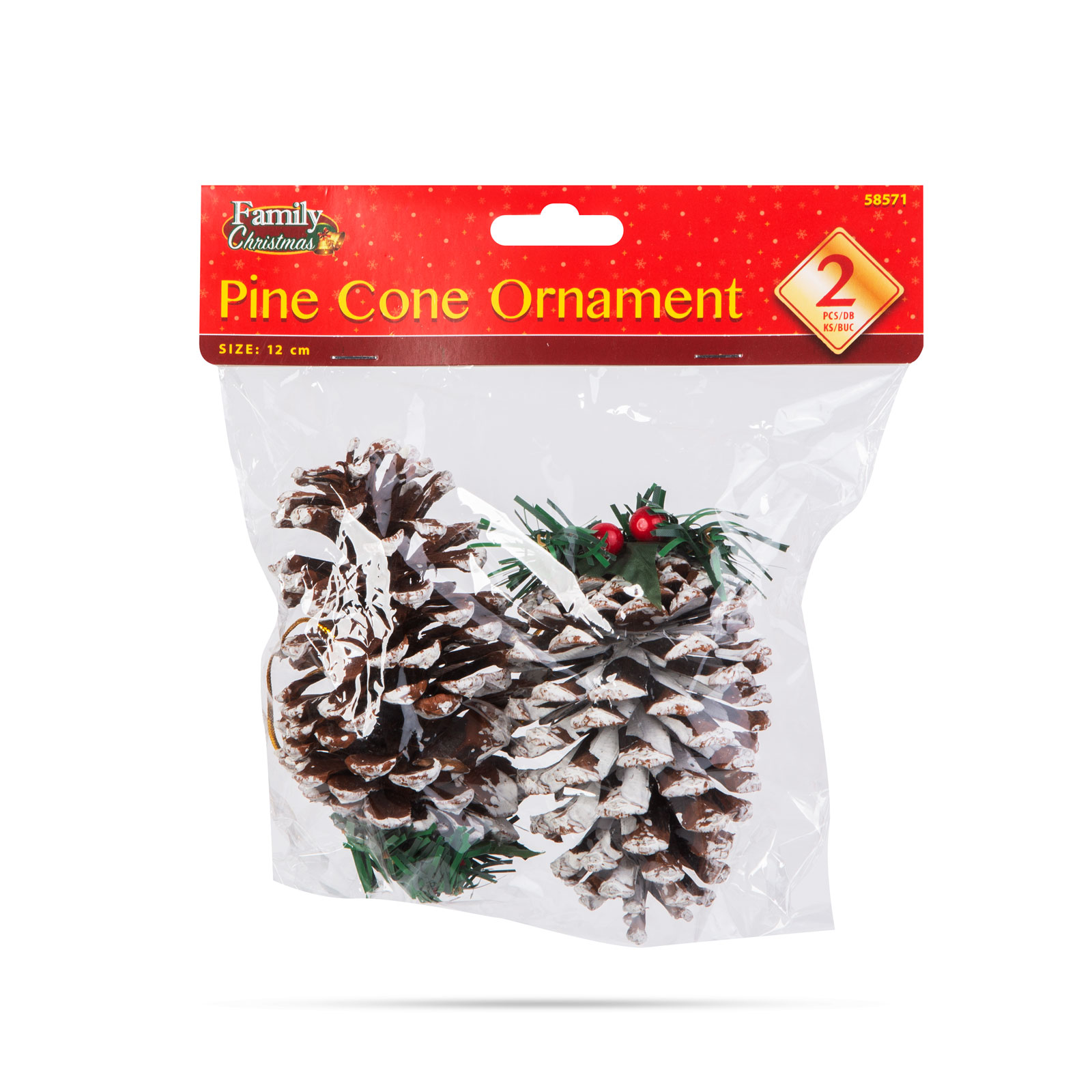 Két fenyőtoboz dísz átlátszó műanyag csomagolásban. Piros fejléc 'Pine Cone Ornament'-tel.