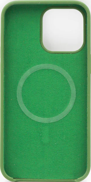 Coque de téléphone verte, cadre vert, cercle blanc, sur fond blanc.