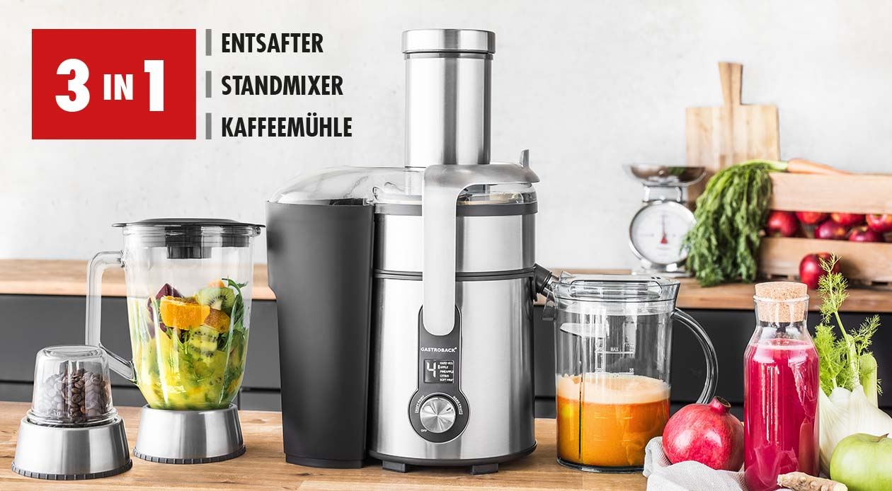Ein 3-in-1 Küchengerät-Set mit Mixer, Entsafter und Kaffeemühle.