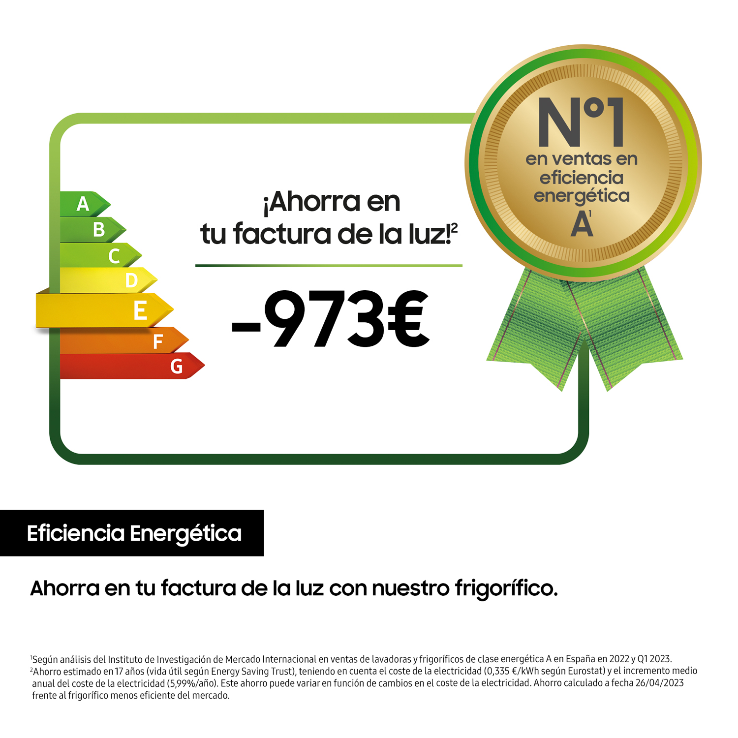 Infografía con texto: '¡Ahorra en tu factura de la luz!' con etiquetas de eficiencia energética.