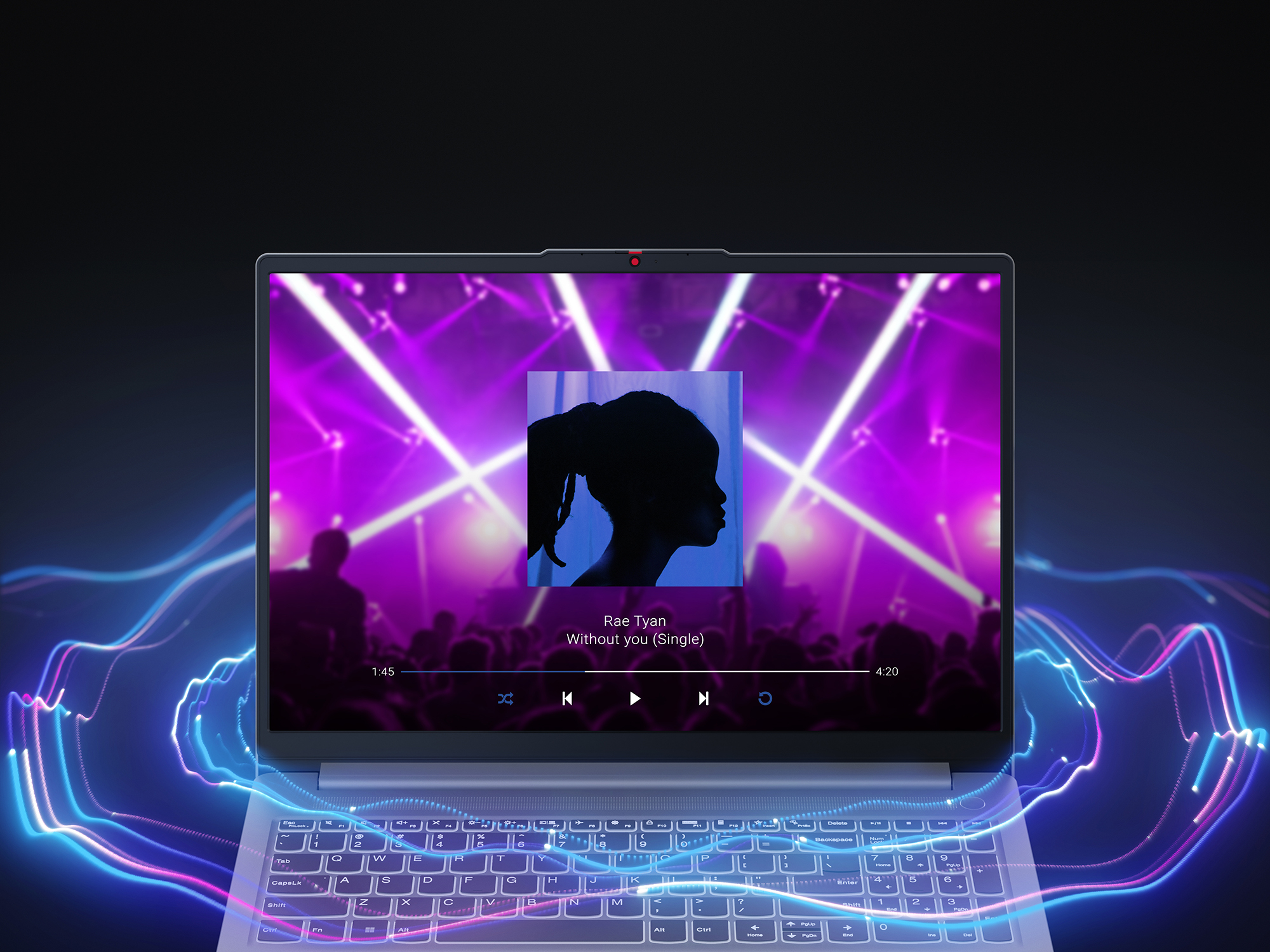 Laptop-Bildschirm, der einen Musik-Player mit einem Song von Rae Tyan anzeigt, mit Schallwellen-Grafiken um den Bildschirm.