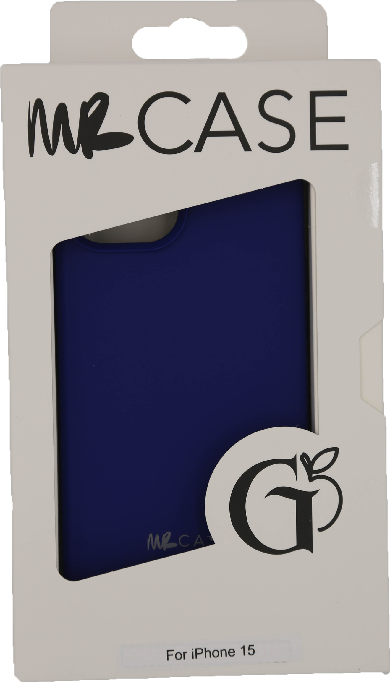 Weiße Box mit blauer Handyhülle, Text 'MR CASE'.
