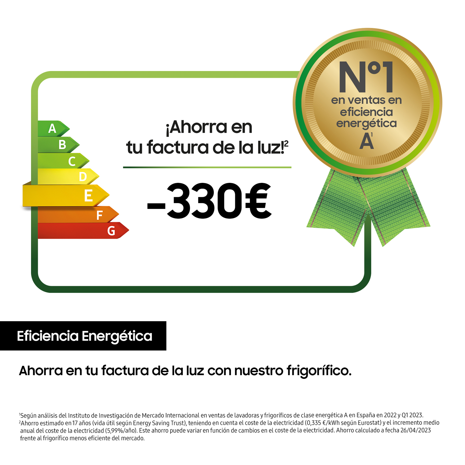 Etiqueta de eficiencia energética en español, mostrando una calificación A y un valor de ahorro.