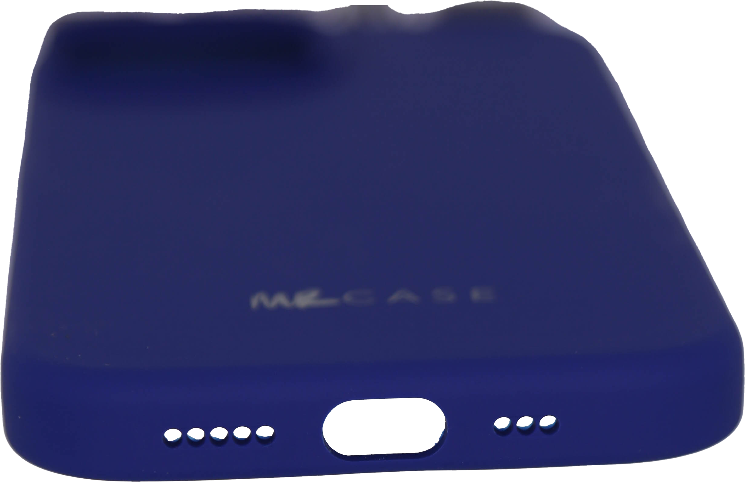 Une coque de téléphone bleu foncé avec le texte 'MZCASE' et des découpes pour le port de charge et les haut-parleurs.