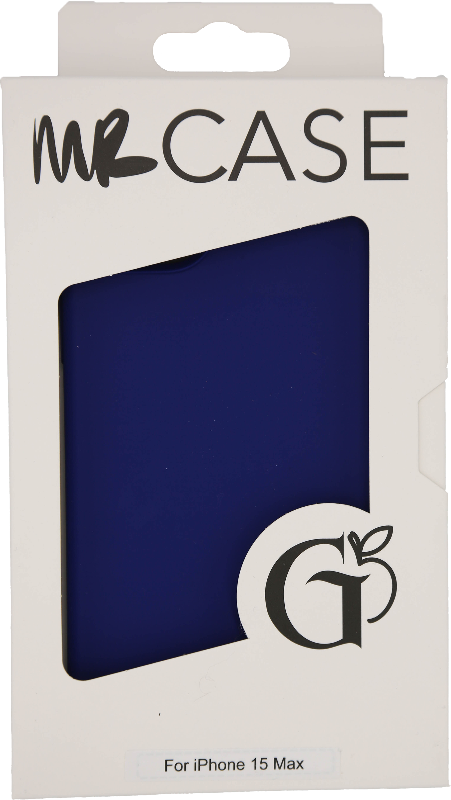 Emballage pour une coque de téléphone iPhone 15 Max. La coque est bleue et présentée dans une boîte blanche.