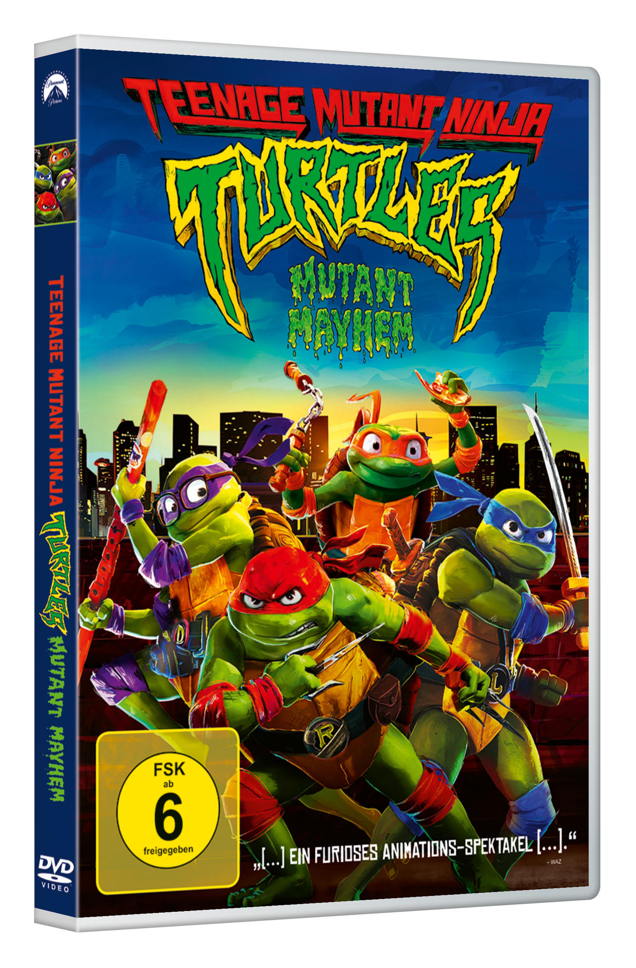 DVD-Cover von Teenage Mutant Ninja Turtles: Mutant Mayhem. Die Turtles sind in Aktion, blauer Himmel im Hintergrund.