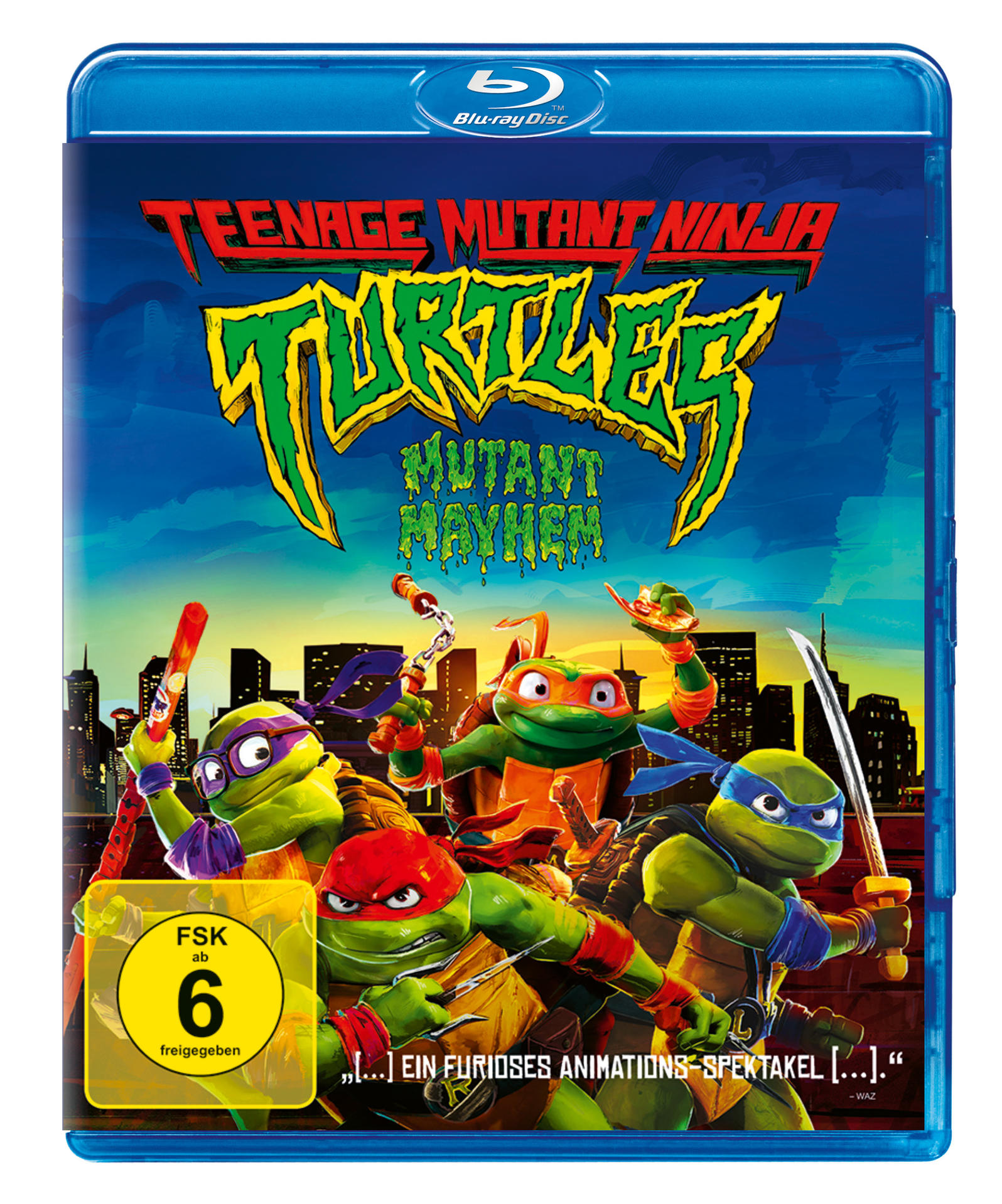 Teenage Mutant Ninja Turtles: Mutant Mayhem Blu-ray Cover mit den Turtles.