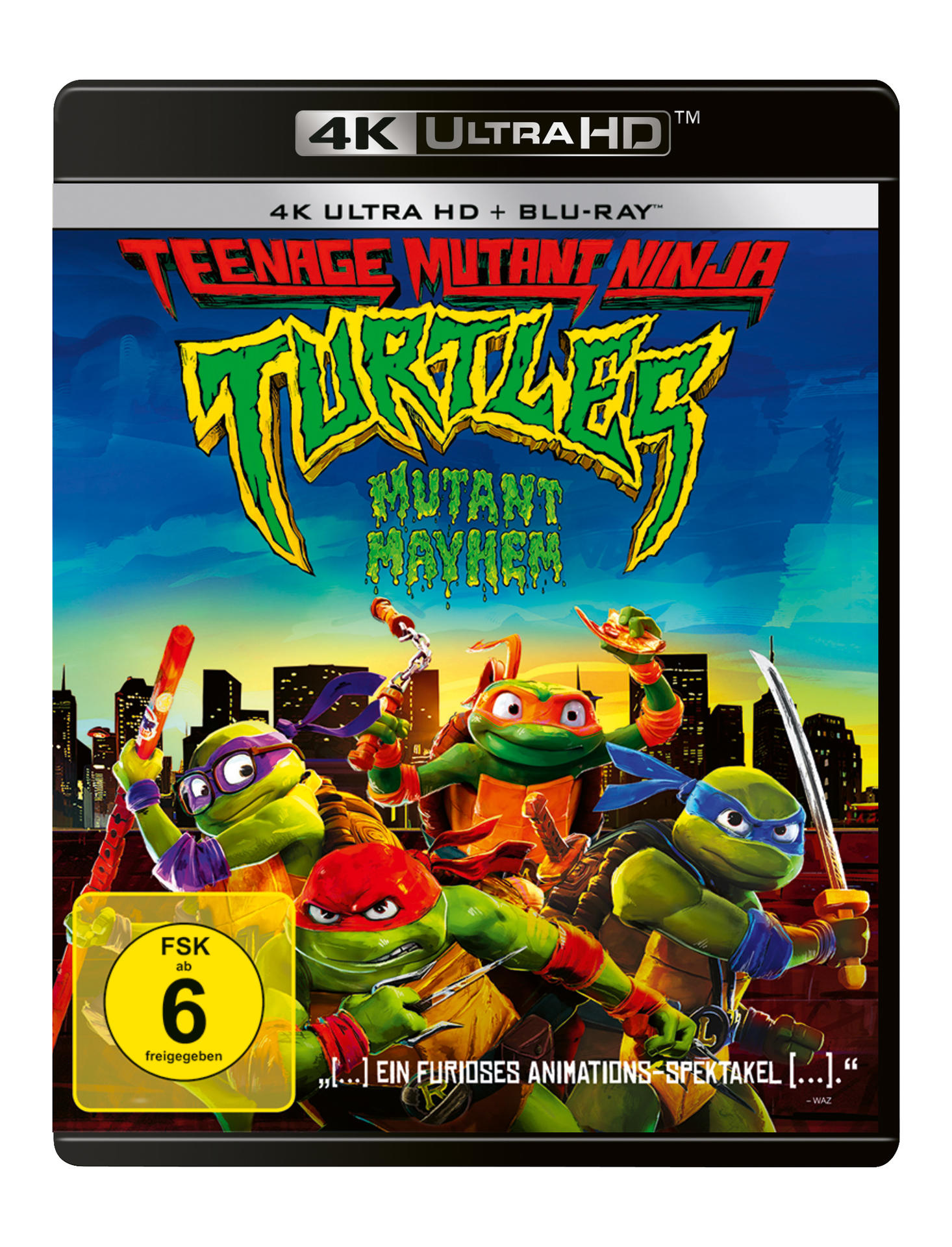 TMNT Mutant Mayhem Blu-ray-Cover. Vier Schildkröten, Stadtkulisse und Logo.