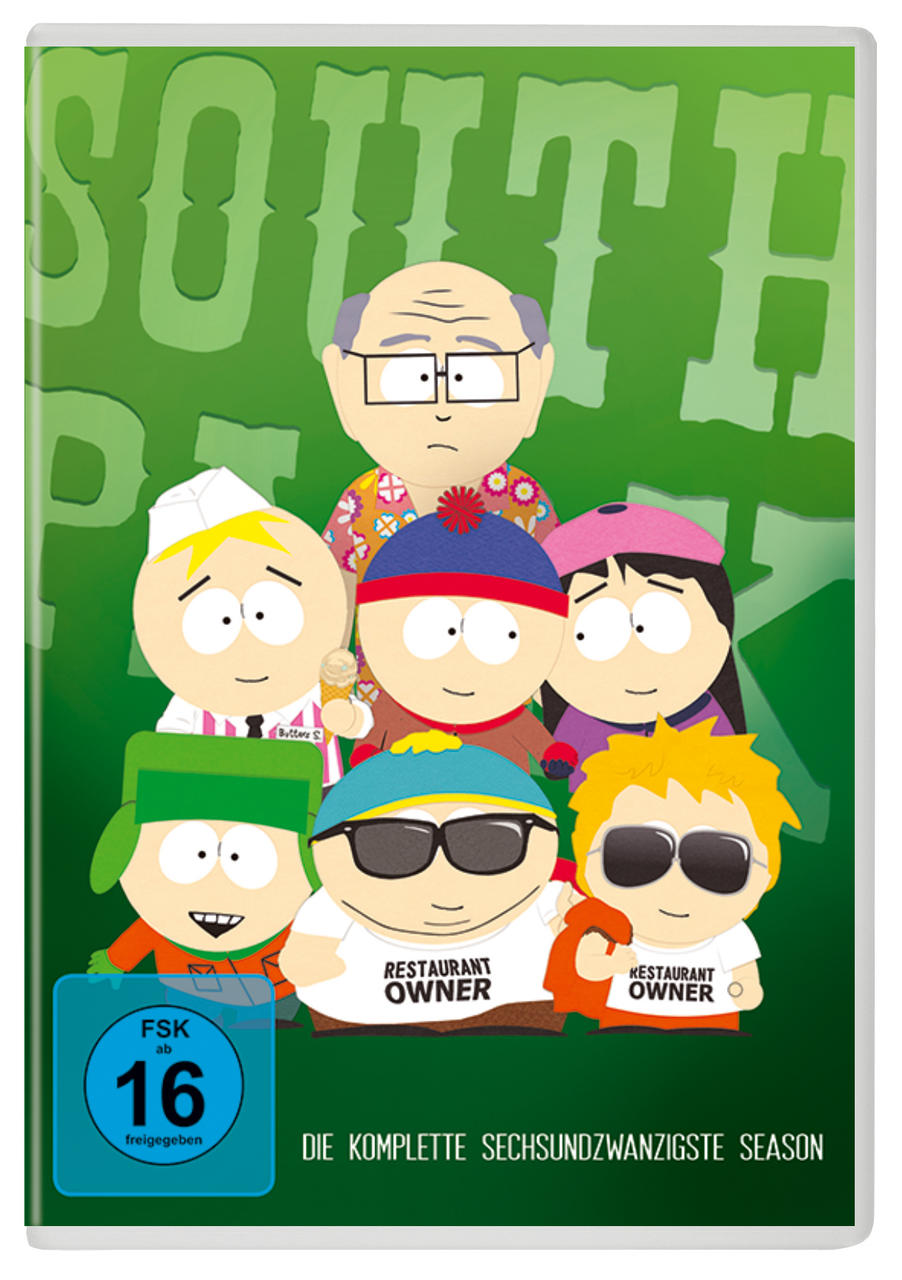 South Park DVD-Cover. Charaktere vorne. Grüner Hintergrund mit Text.