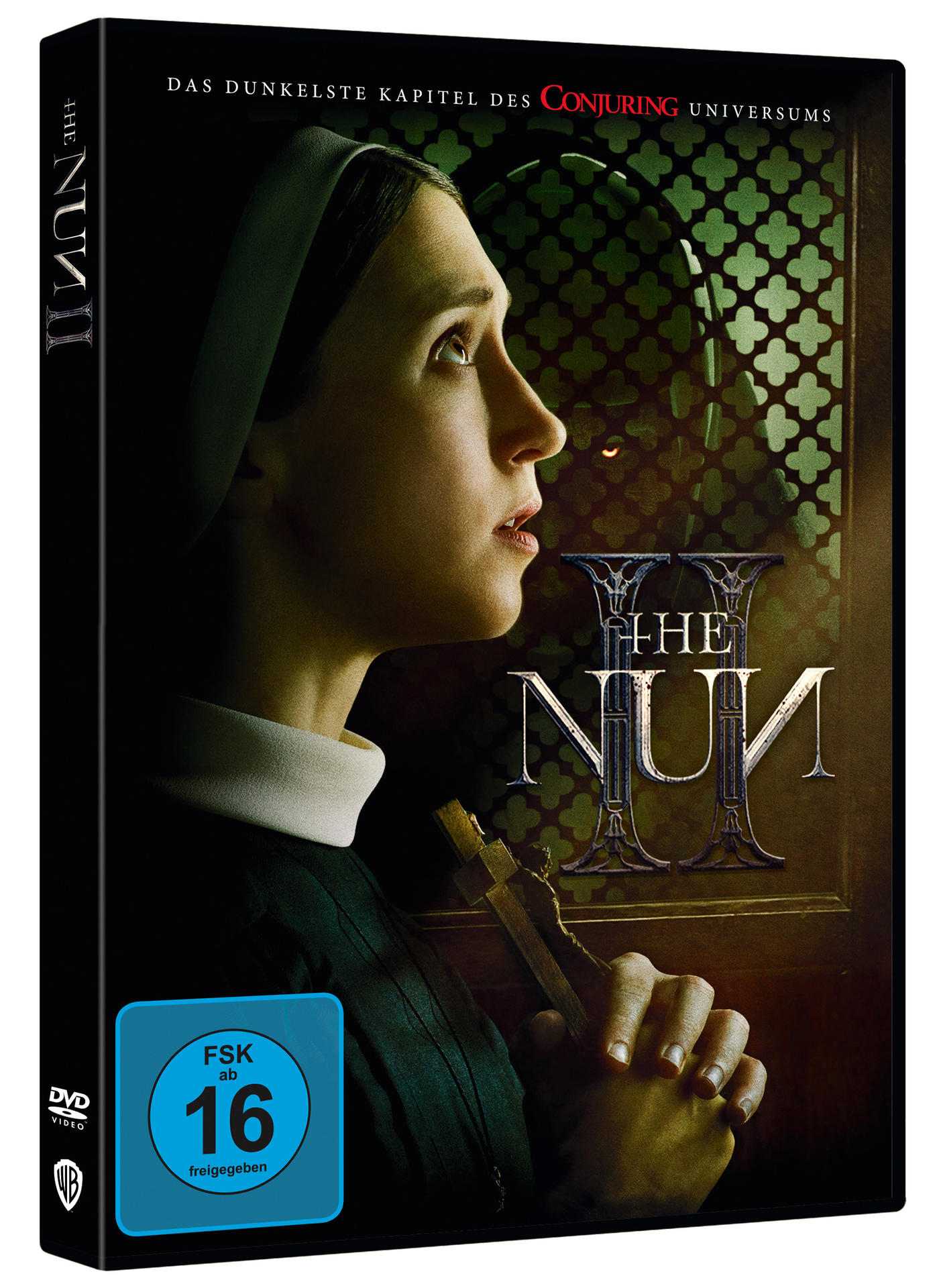DVD-Cover von 'The Nun II' mit einer Nonne, die nach oben schaut, einem Kreuz und einer dunklen Gestalt im Hintergrund.