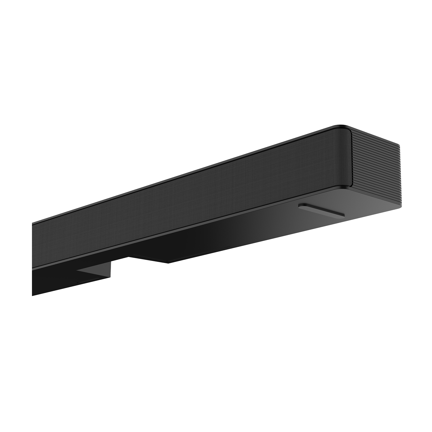 Una soundbar nera, vista dal basso, che mostra la parte anteriore.