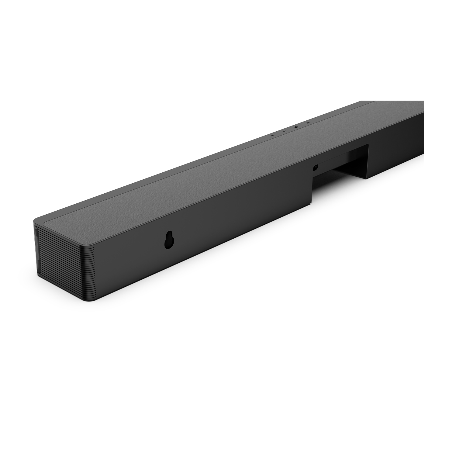 Una soundbar nera. La parte anteriore mostra una trama a griglia. Un foro è visibile sul lato.