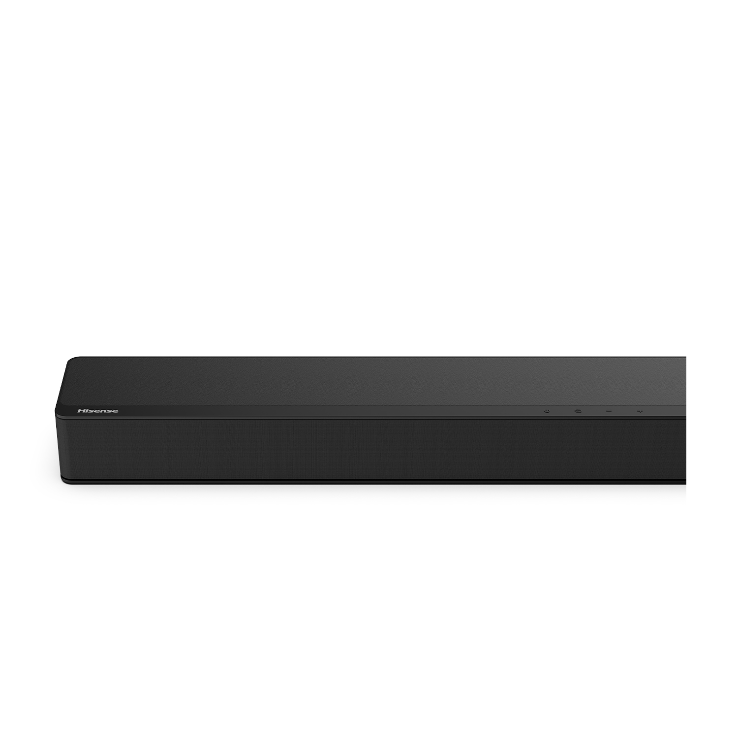 Soundbar nera su sfondo bianco. La soundbar ha un frontale a rete e diversi pulsanti.