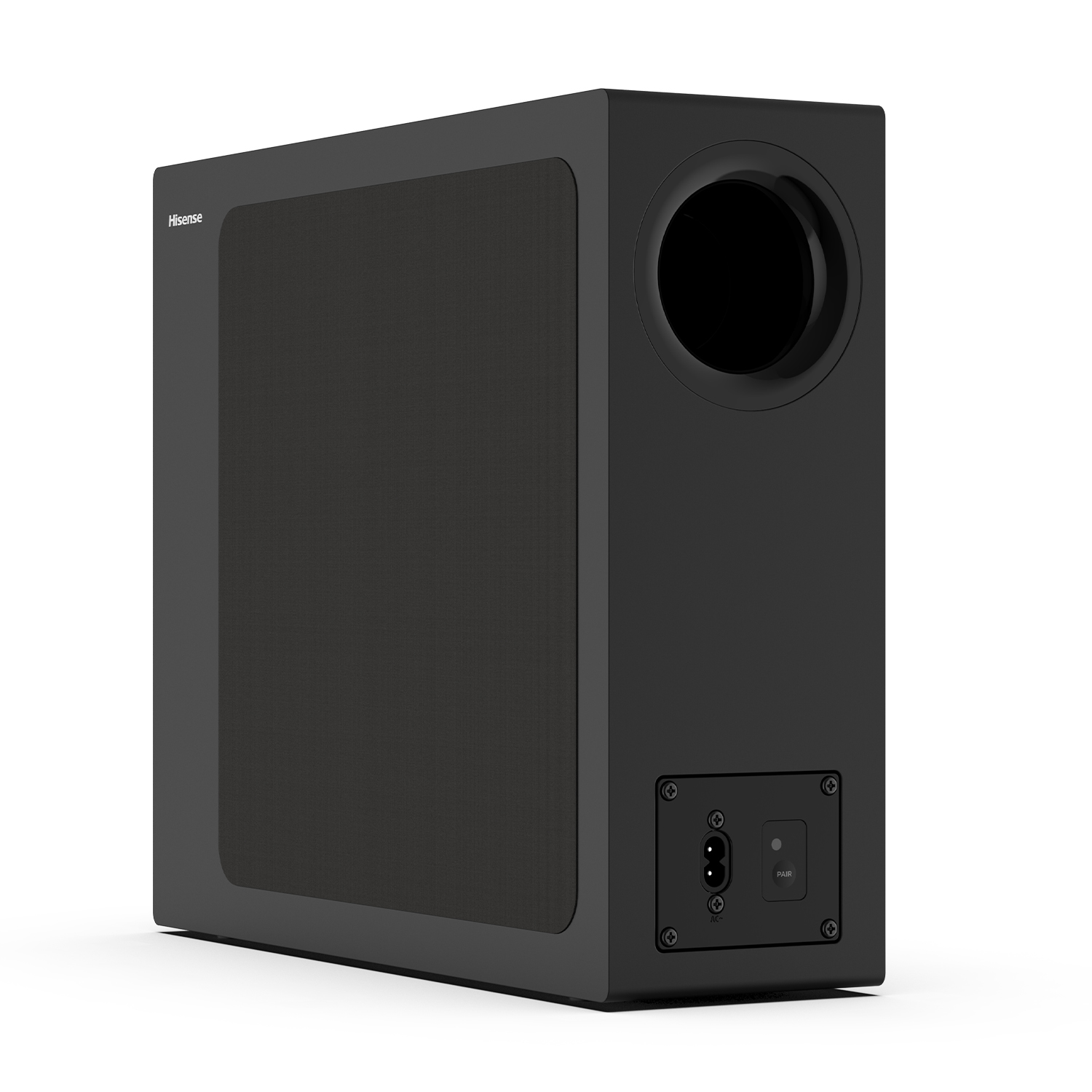 Subwoofer Hisense nero con frontale in tessuto e porta. Ingresso alimentazione sul retro.