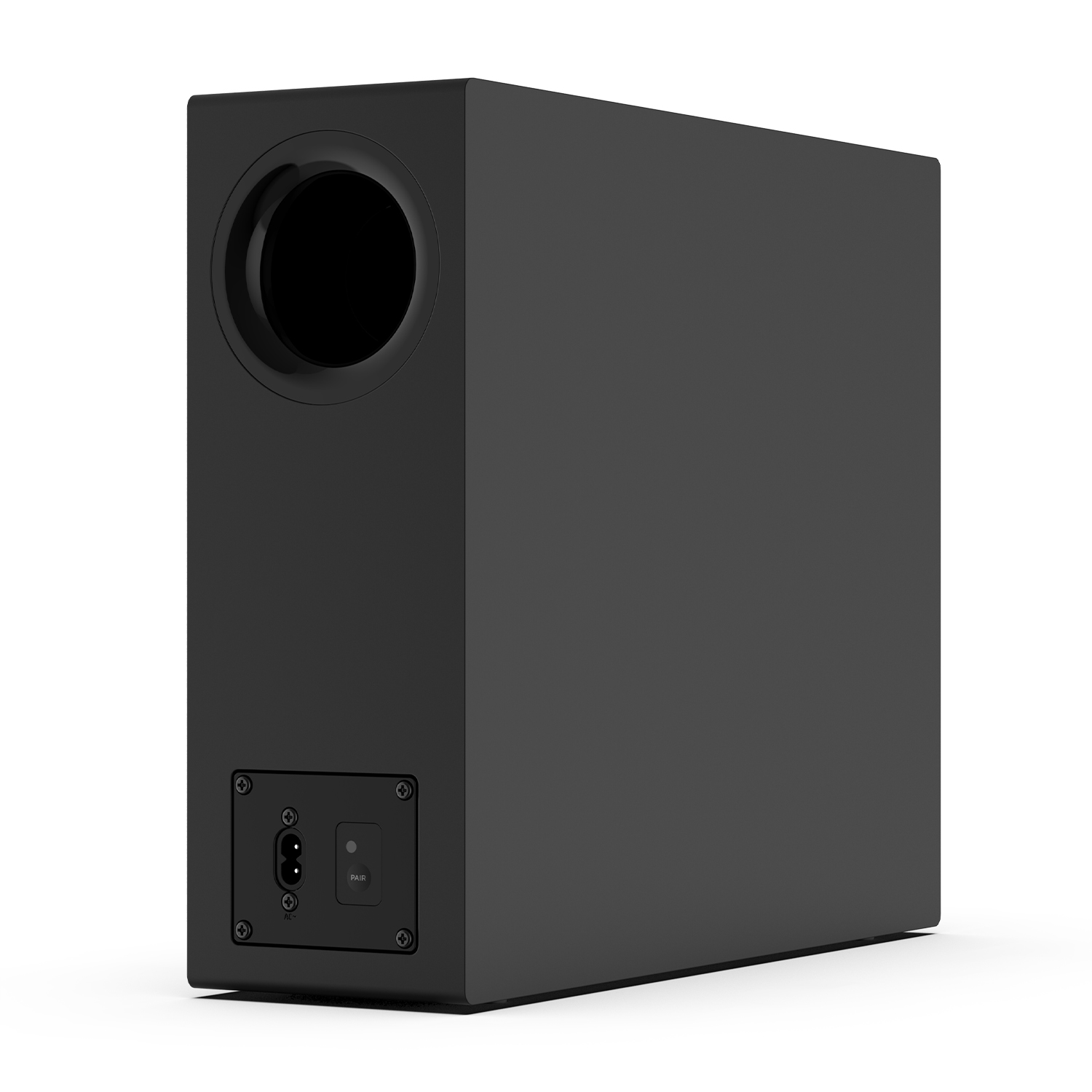 Altoparlante subwoofer nero con un'apertura circolare sul lato e un ingresso di alimentazione sul retro.