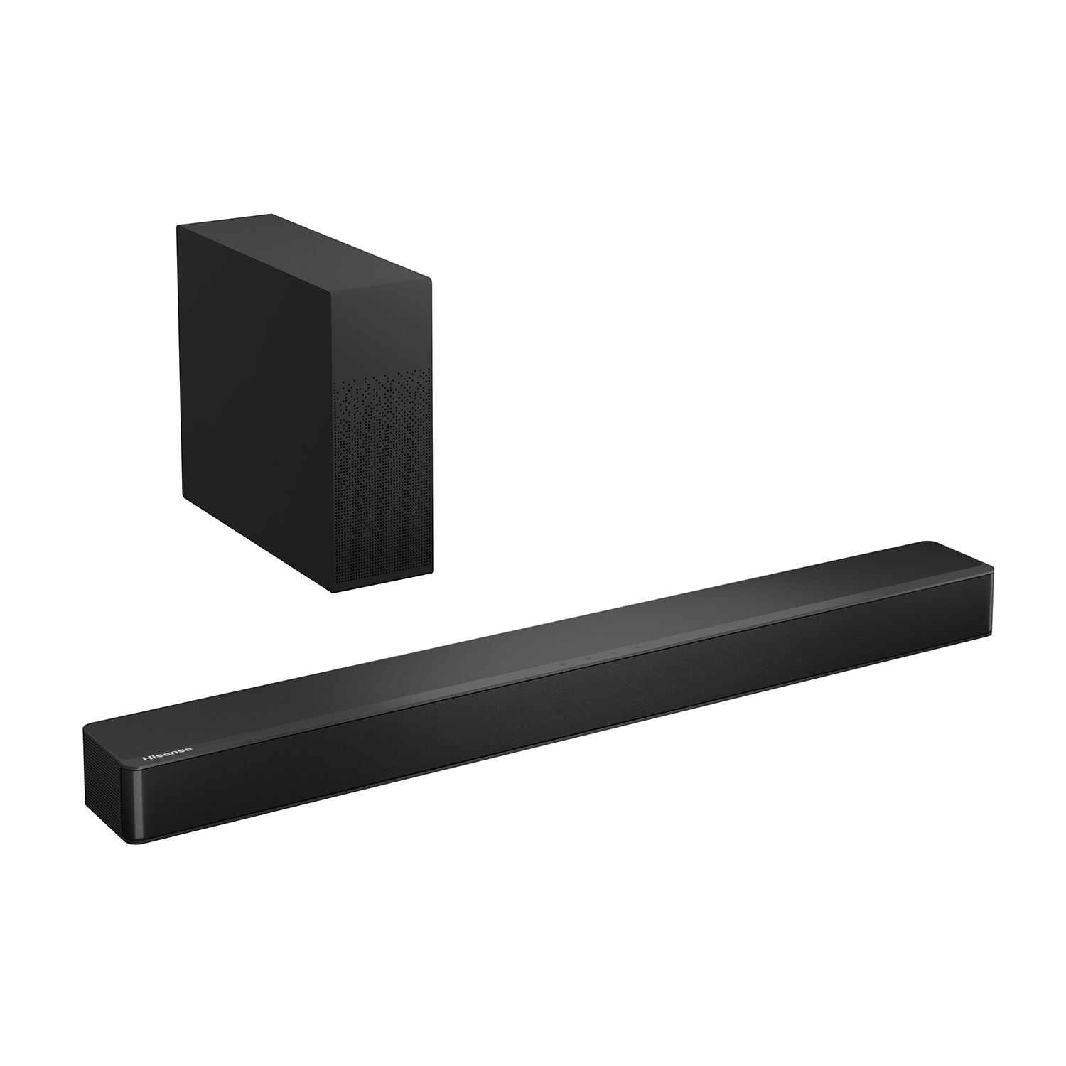 Una soundbar nera e un subwoofer. La soundbar è lunga e il subwoofer è un cubo nero.