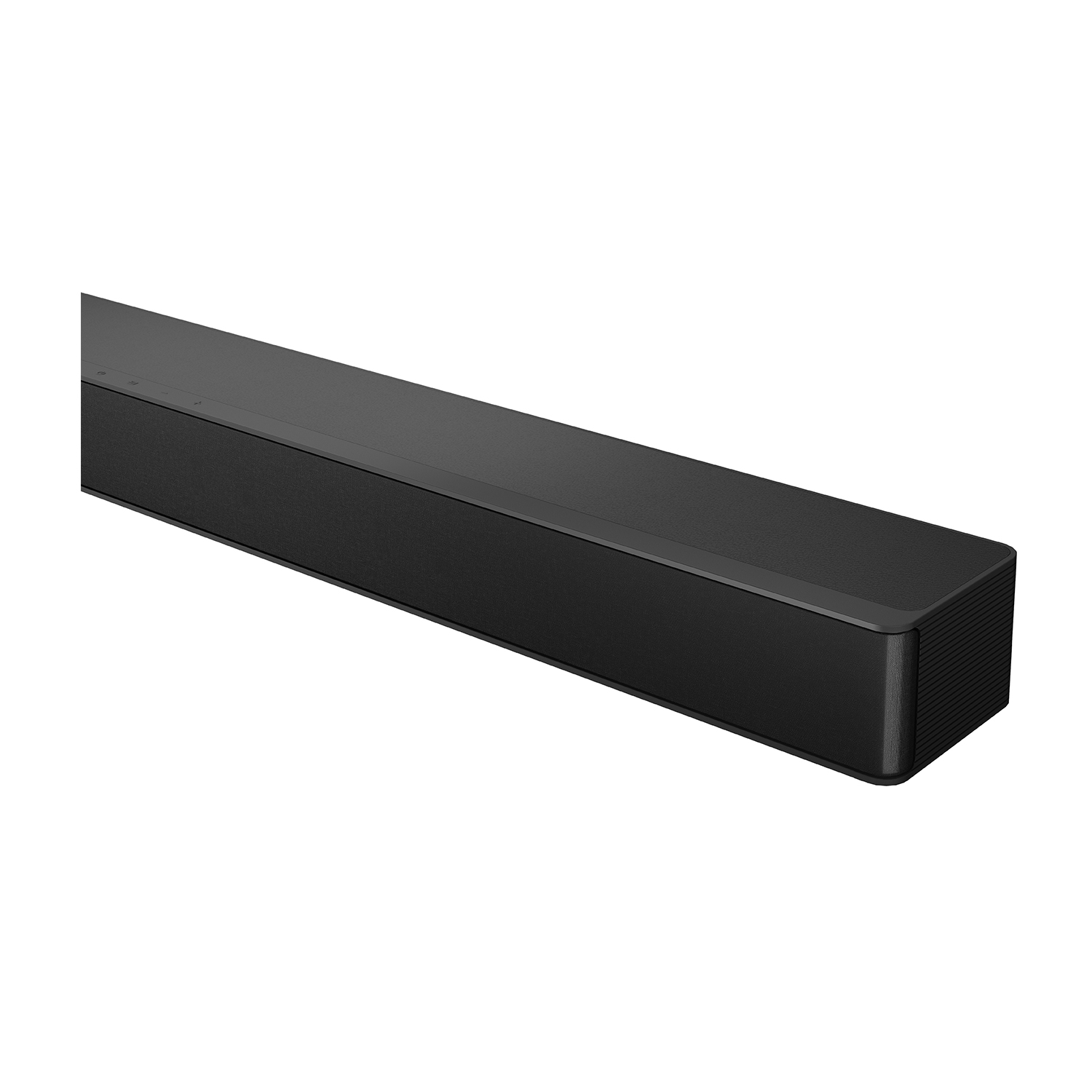 Soundbar nera, vista laterale, su sfondo bianco.