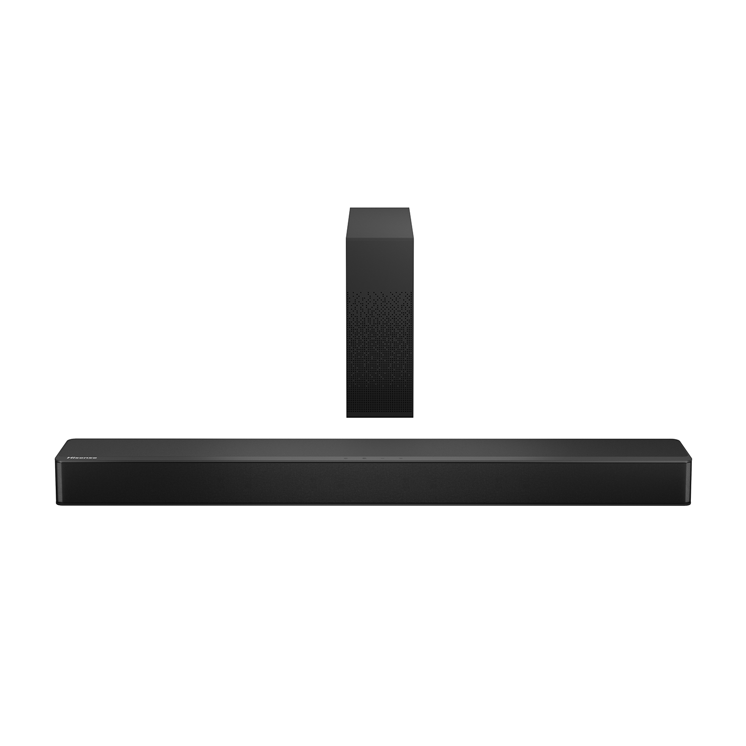 Set di soundbar e subwoofer neri. Soundbar orizzontale, subwoofer verticale.