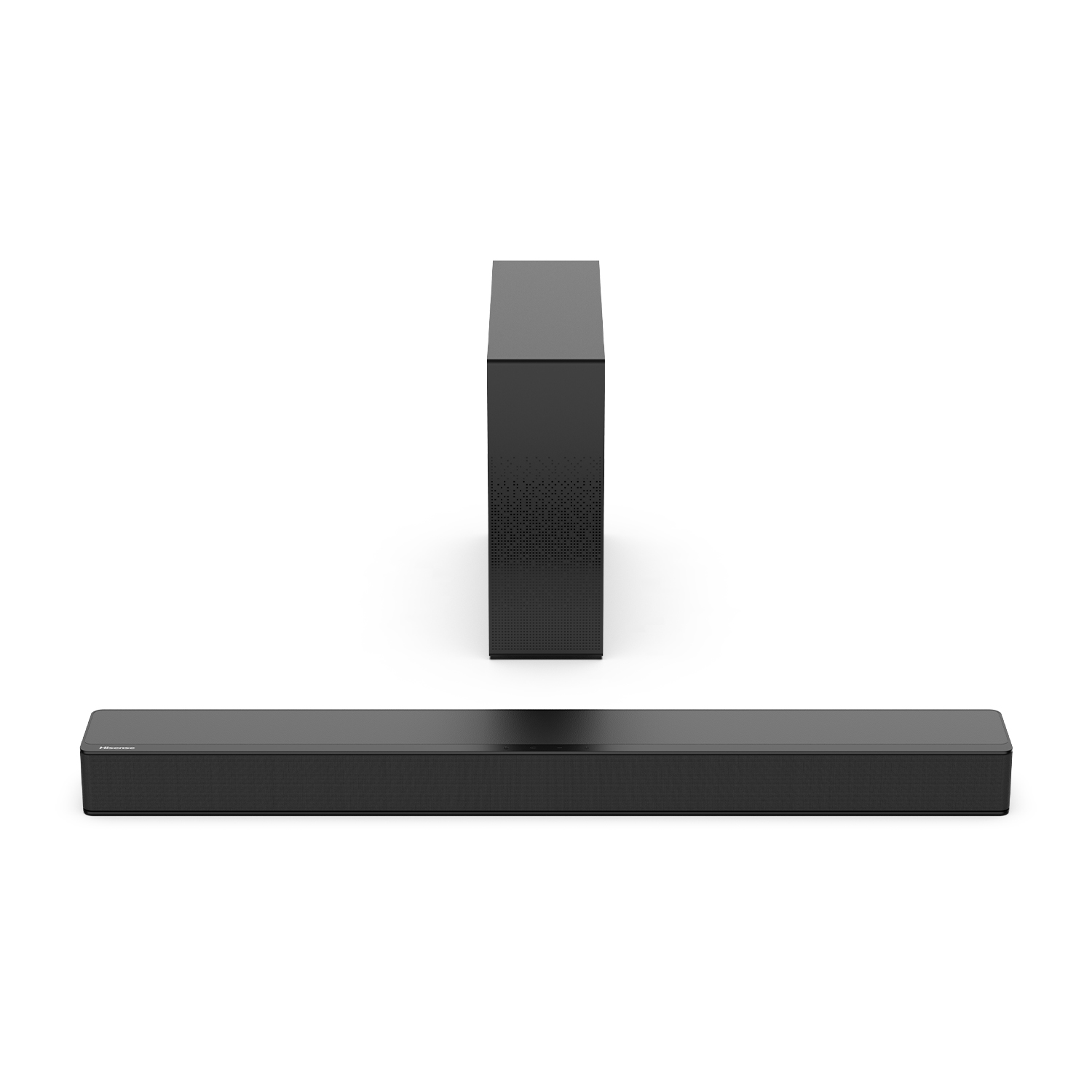 Soundbar nera con subwoofer nero su sfondo bianco.