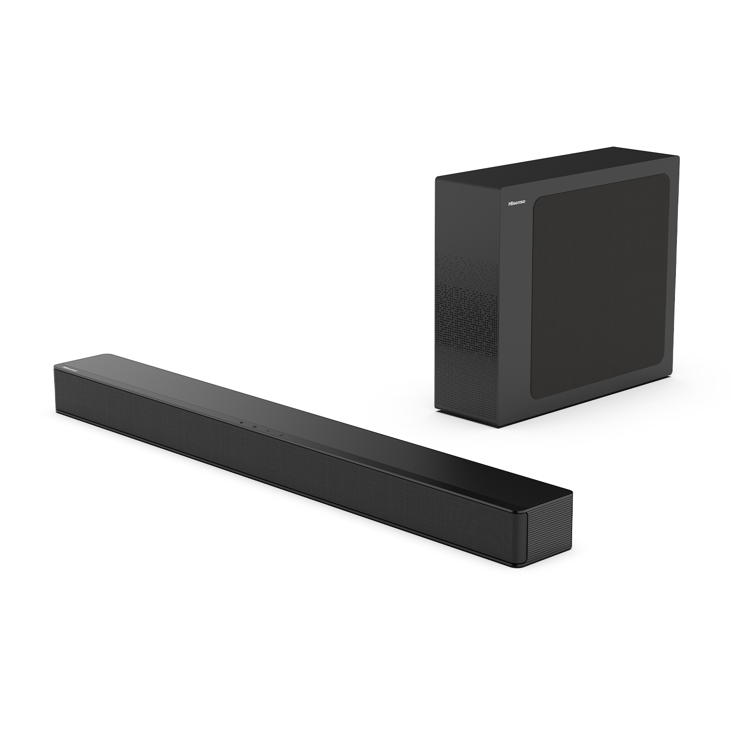 Set di soundbar e subwoofer neri, con sfondo bianco.