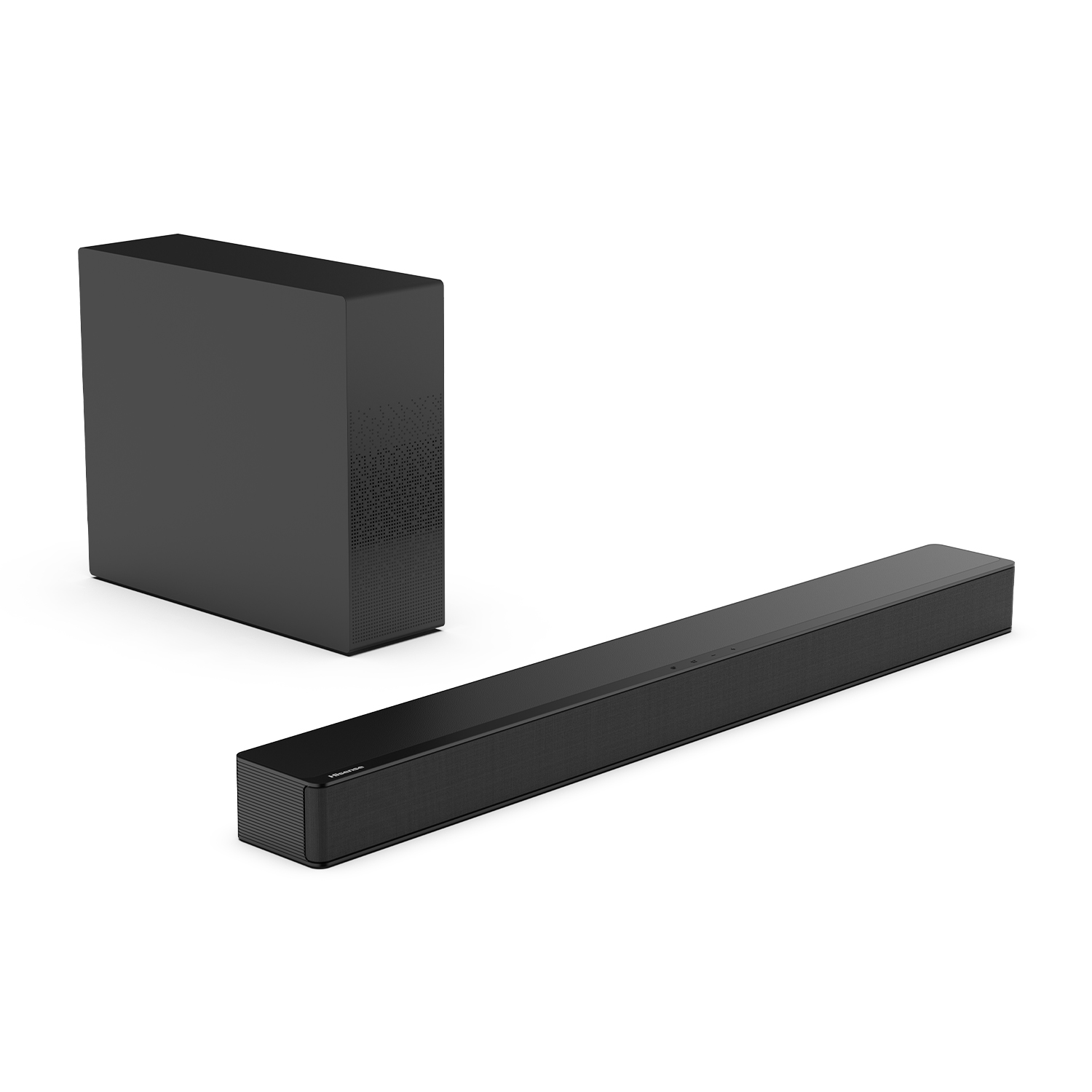 Una soundbar e un subwoofer neri su sfondo bianco. La soundbar è lunga e sottile.