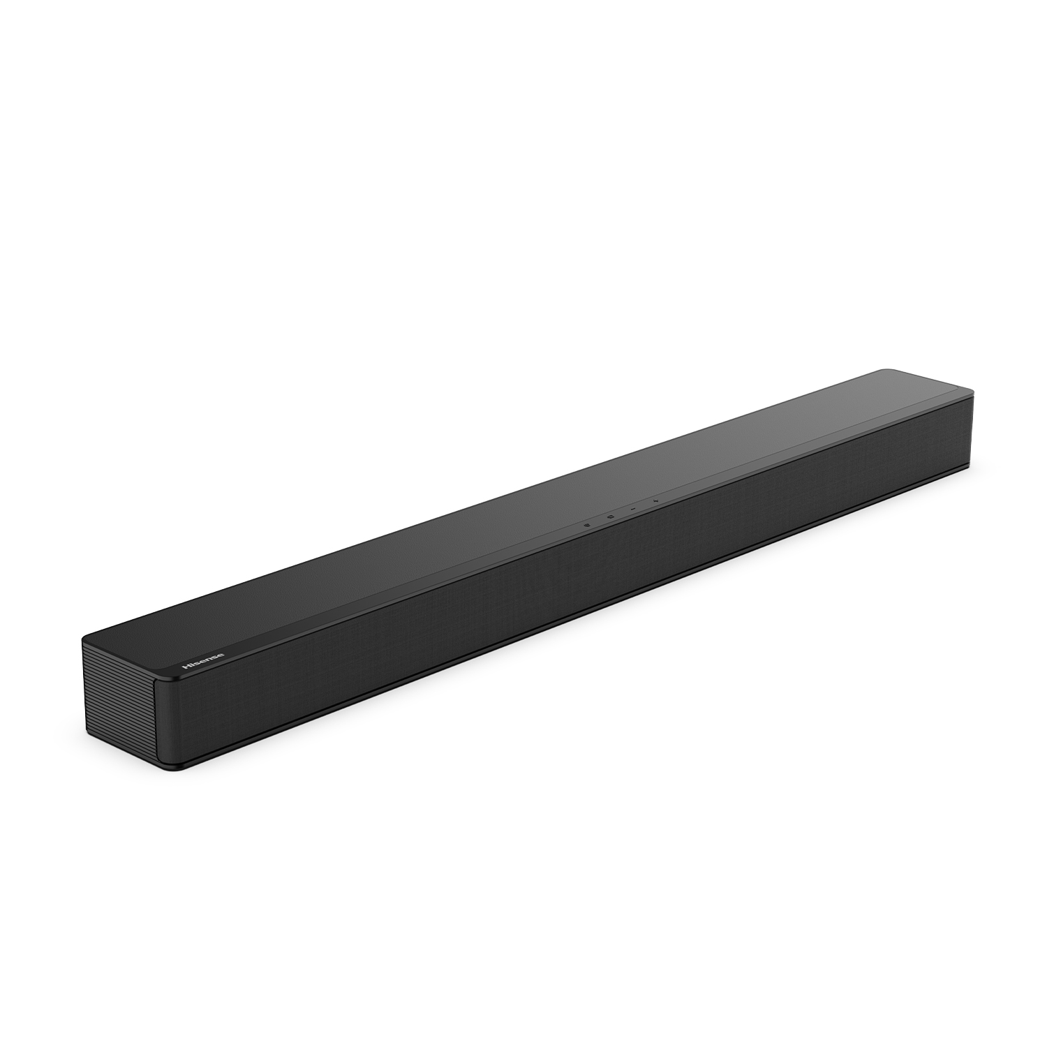 Soundbar nera su sfondo bianco. Il logo Hisense è sul lato sinistro.