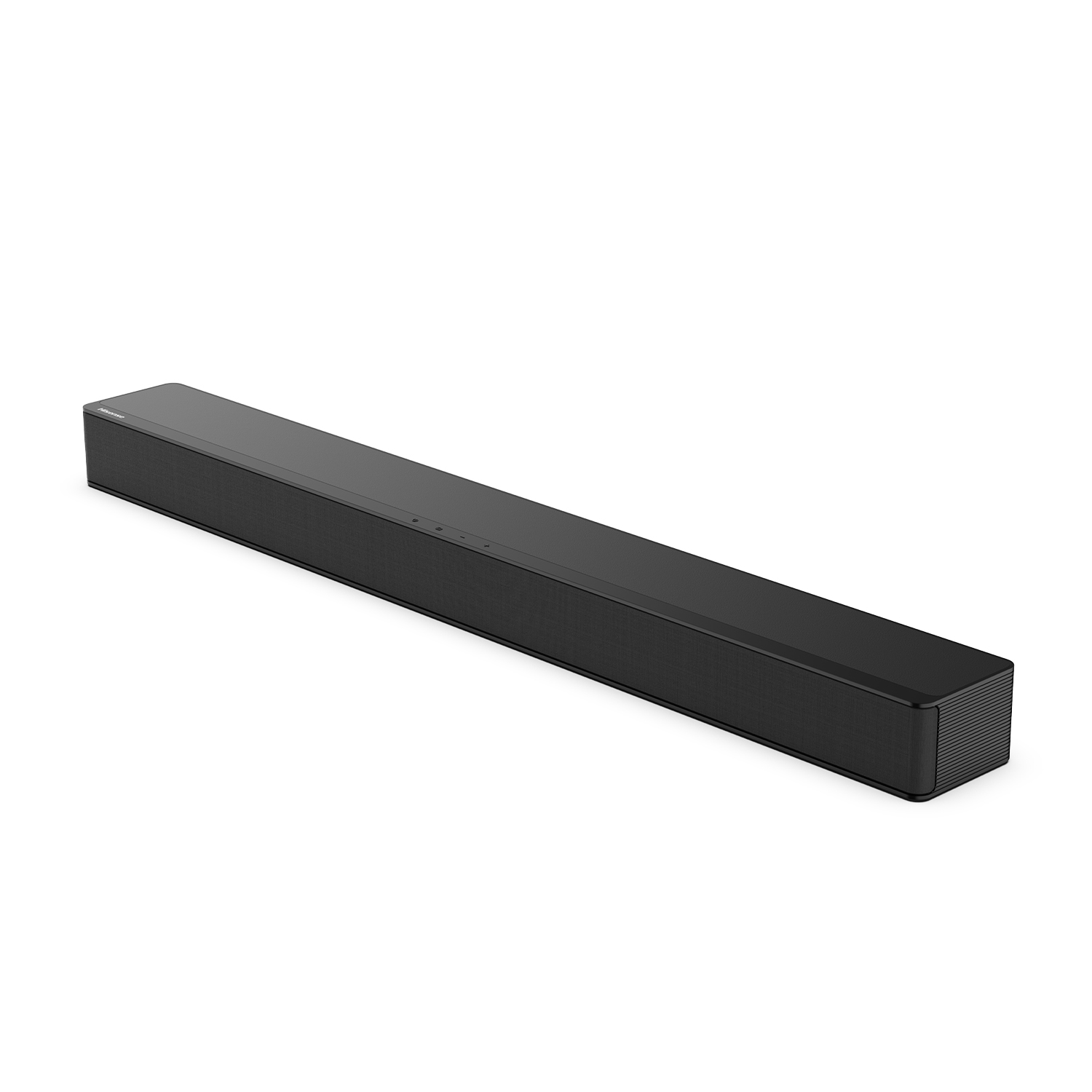 Soundbar nera, vista frontale, su sfondo bianco.