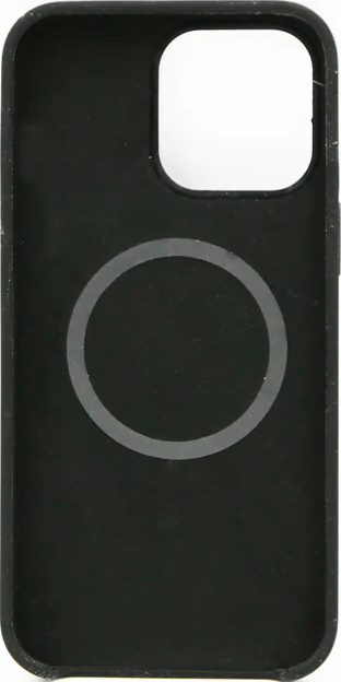 Coque de téléphone noire avec un détail circulaire et une découpe de la taille du téléphone.