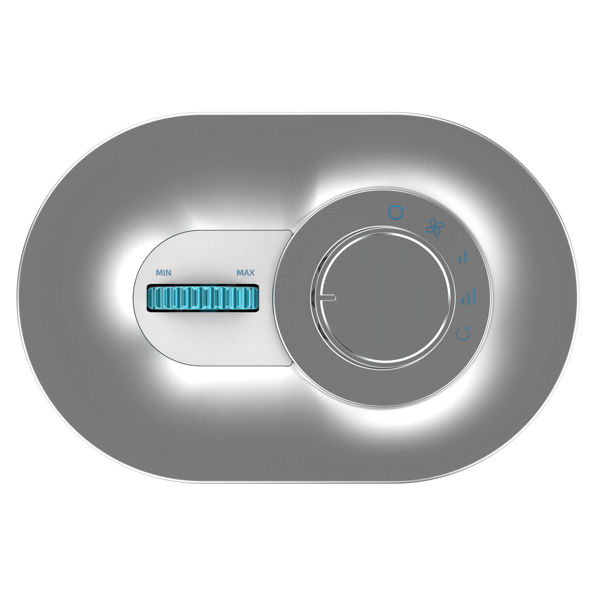 Primer plano de un panel de control plateado con un dial y un control deslizante iluminado en azul. El dial tiene símbolos de ventilador.