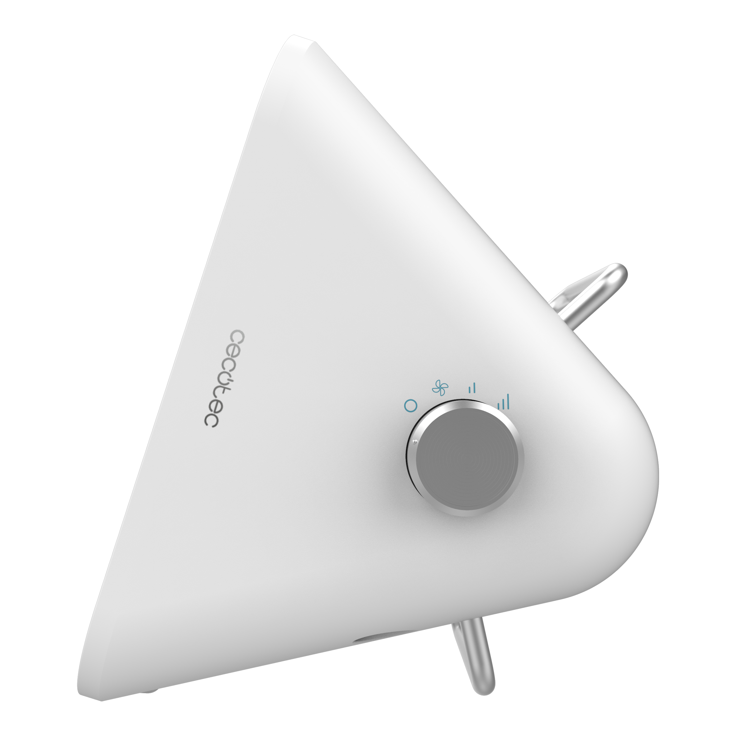 Purificador de aire blanco con mando y detalles plateados.