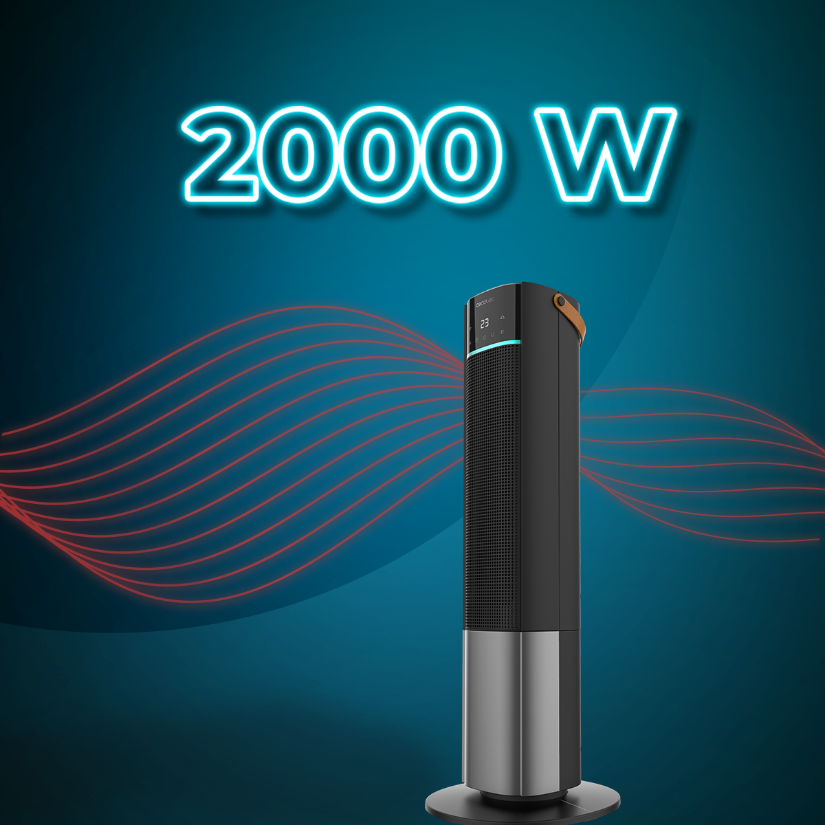 Ventilador de torre con letrero de neón de 2000W arriba. Líneas onduladas rojas sobre fondo azul. Ventilador negro y plata.