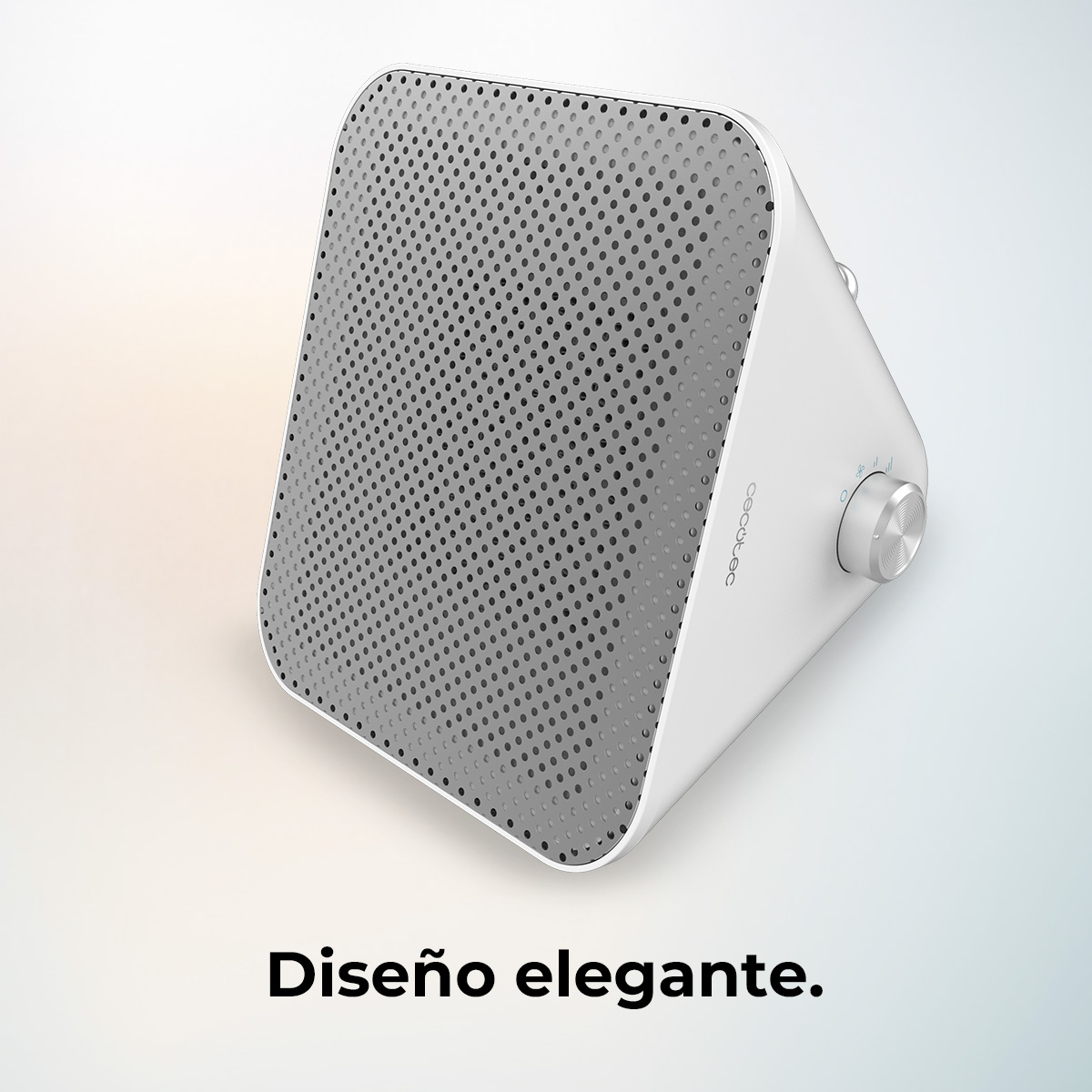 Un purificador de aire blanco, de forma triangular, con una rejilla gris y un mando.