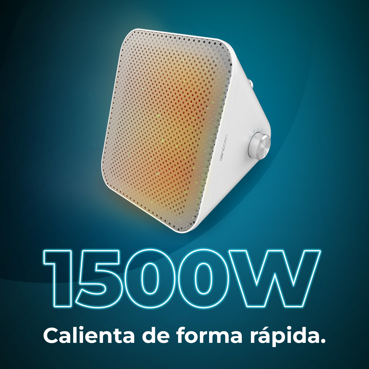 Un calefactor eléctrico blanco y plateado con un dial y una rejilla frontal.