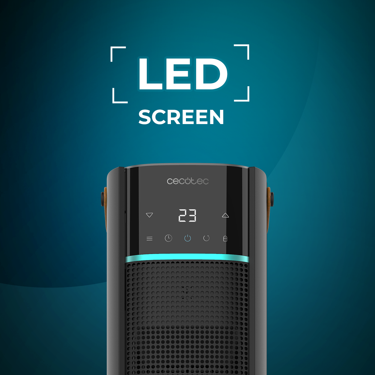 Purificador de aire negro y gris con pantalla LED que muestra 23.
