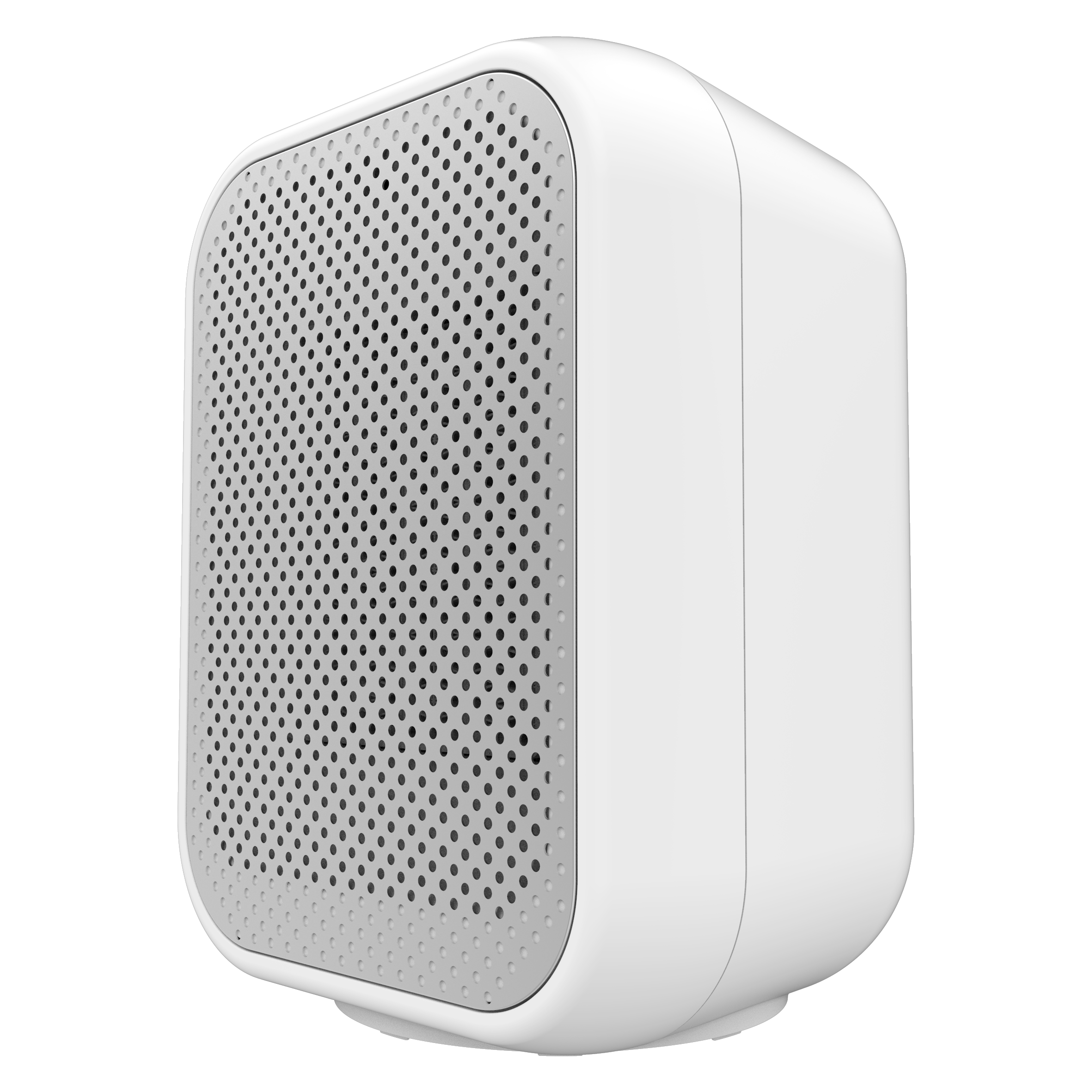 Dispositivo cuadrado blanco con frontal gris perforado y esquinas redondeadas sobre fondo negro.